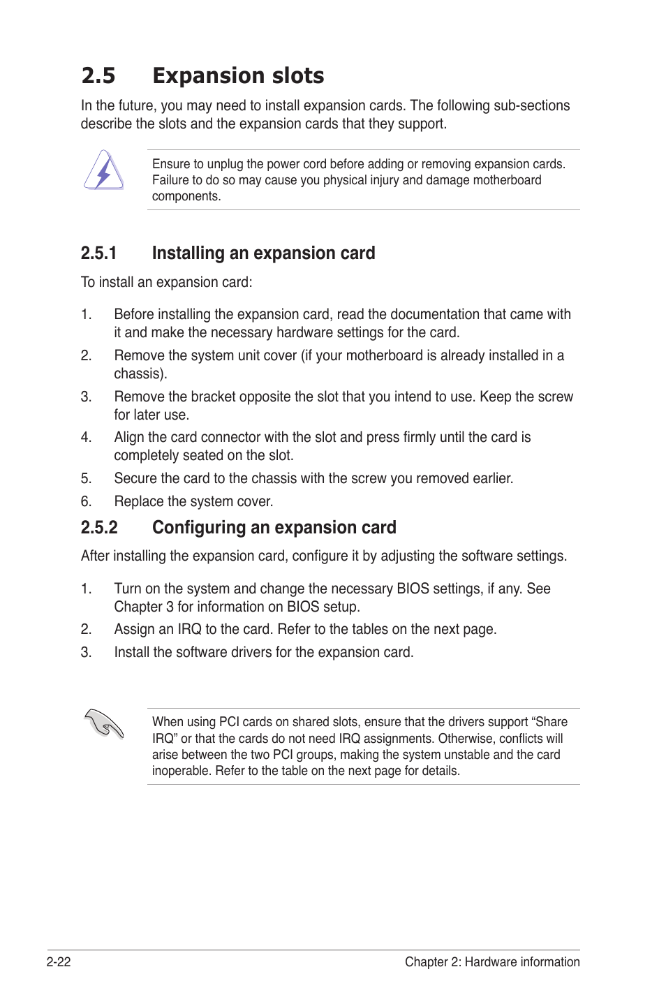 5 expansion slots, 1 installing an expansion card, 2 configuring an expansion card | Expansion slots -22 2.5.1, Installing an expansion card -22, Configuring an expansion card -22 | Asus Maximus III Gene User Manual | Page 48 / 170