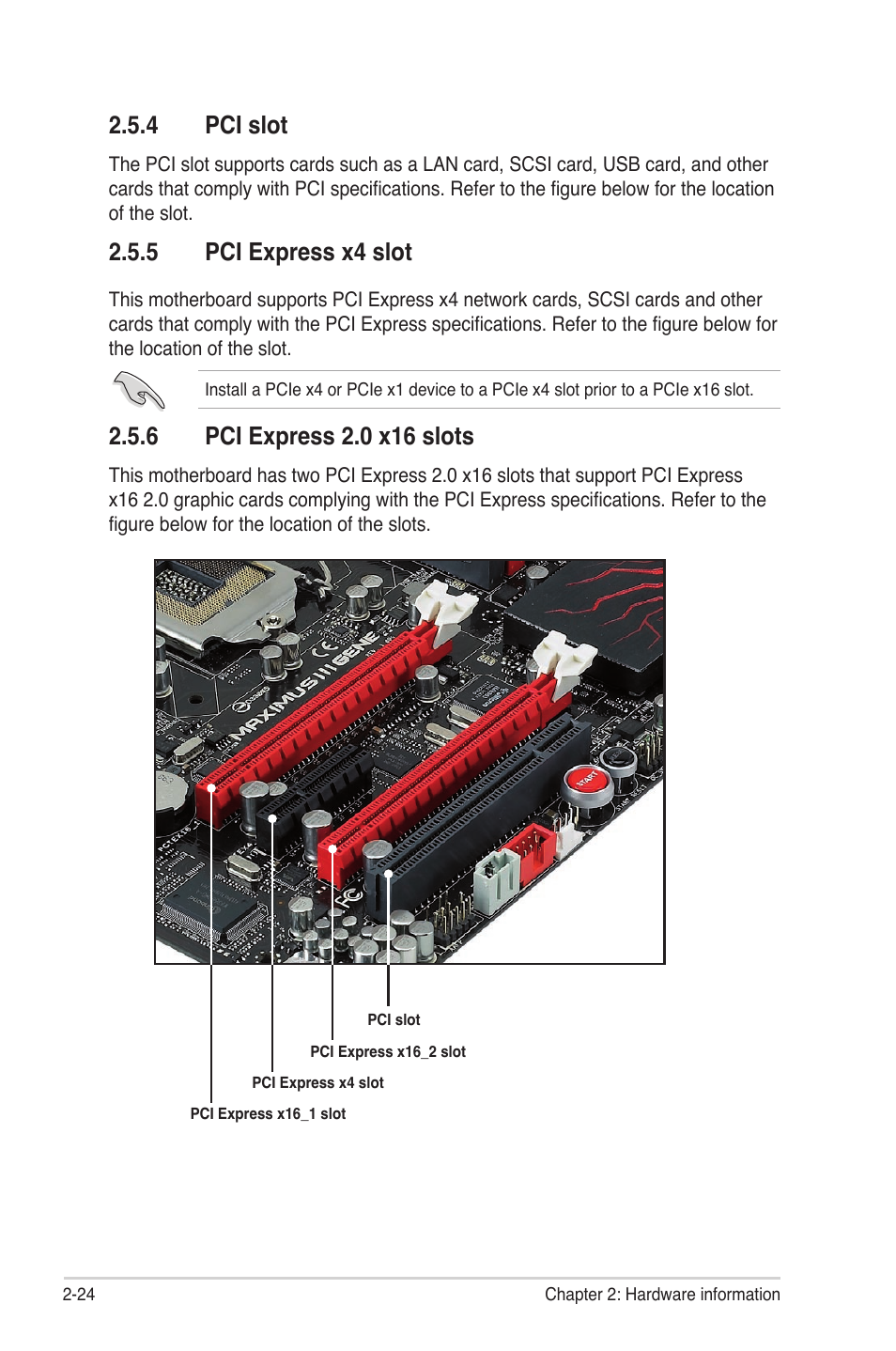 4 pci slot, 5 pci express x4 slot, 6 pci express 2.0 x16 slots | Pci slot -24, Pci express x4 slot -24, Pci express 2.0 x16 slots -24 | Asus Maximus III Gene User Manual | Page 50 / 170