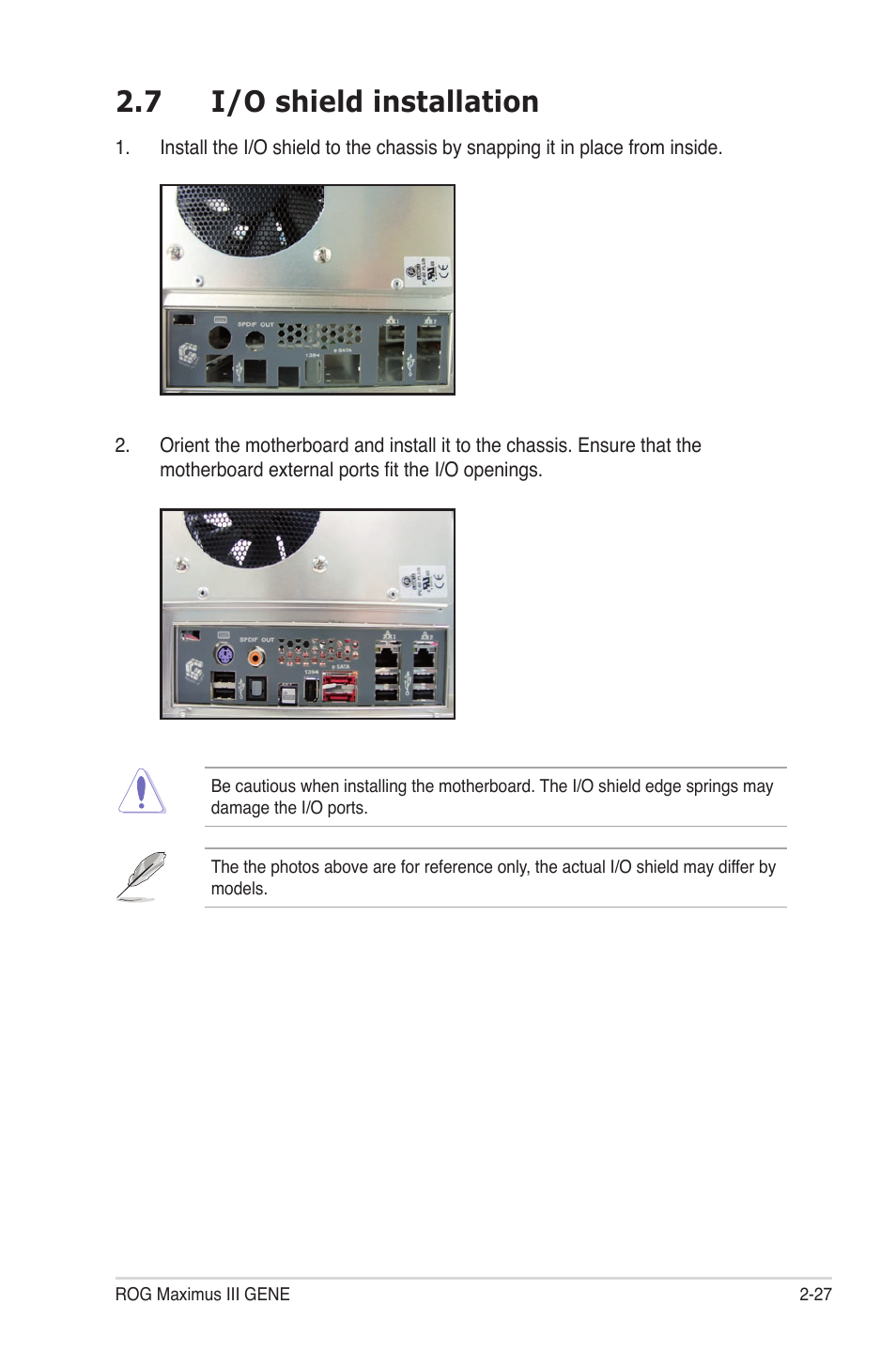 7 i/o shield installation, I/o shield installation -27 | Asus Maximus III Gene User Manual | Page 53 / 170