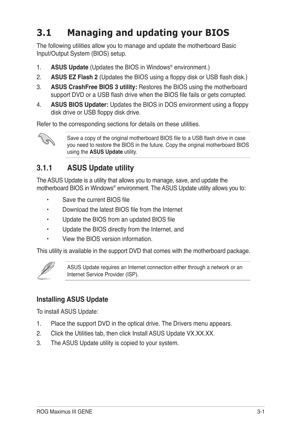 1 managing and updating your bios, 1 asus update utility, Managing and updating your bios -1 3.1.1 | Asus update utility -1 | Asus Maximus III Gene User Manual | Page 71 / 170