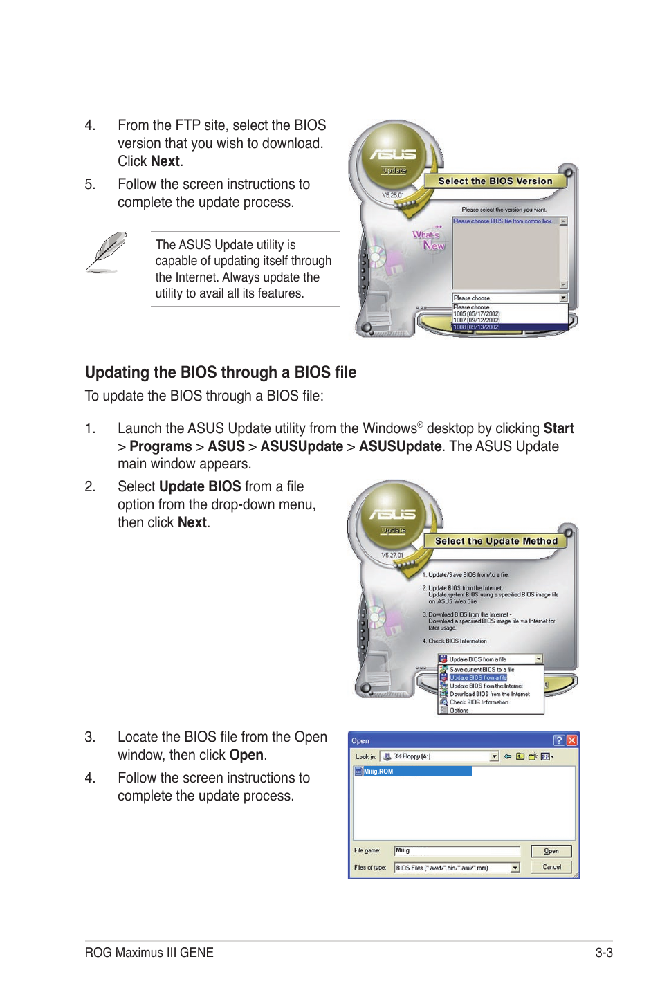 Updating the bios through a bios file | Asus Maximus III Gene User Manual | Page 73 / 170