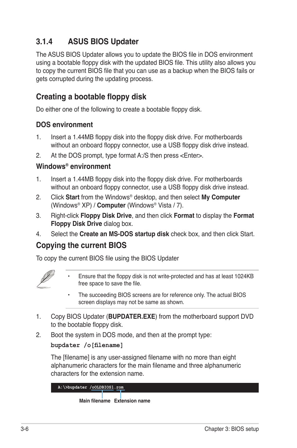 4 asus bios updater, Asus bios updater -6, Creating a bootable floppy disk | Copying the current bios, Dos environment, Windows, Environment | Asus Maximus III Gene User Manual | Page 76 / 170