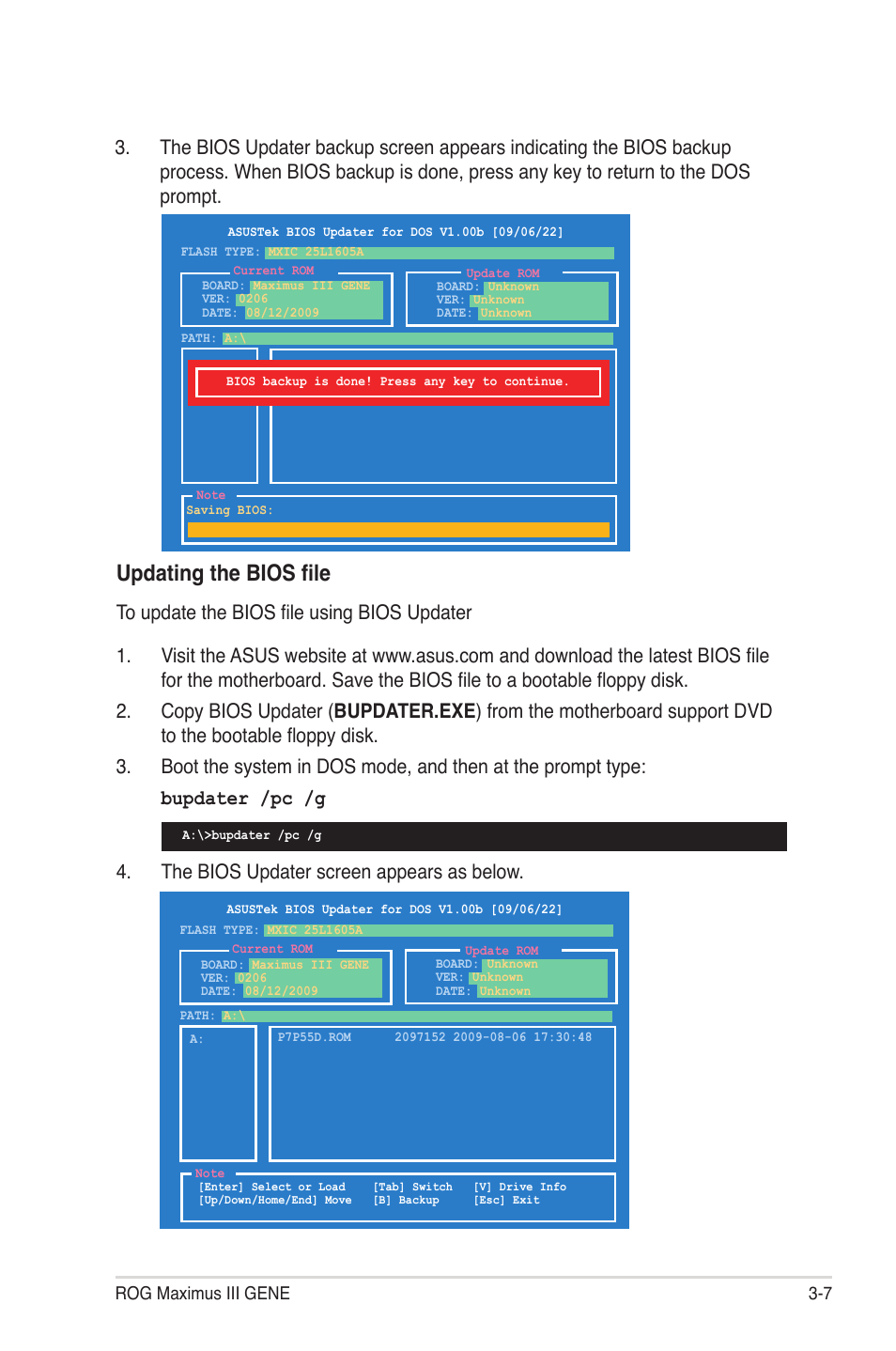 Updating the bios file, The bios updater screen appears as below, Rog maximus iii gene 3-7 | Asus Maximus III Gene User Manual | Page 77 / 170