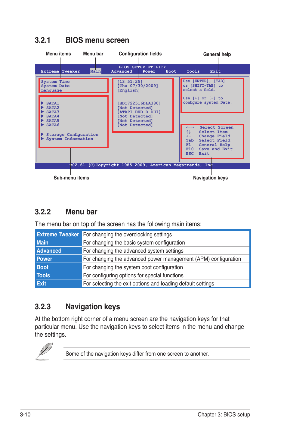 1 bios menu screen, 2 menu bar, 3 navigation keys | Bios menu screen -10, Menu bar -10, Navigation keys -10 | Asus Maximus III Gene User Manual | Page 80 / 170