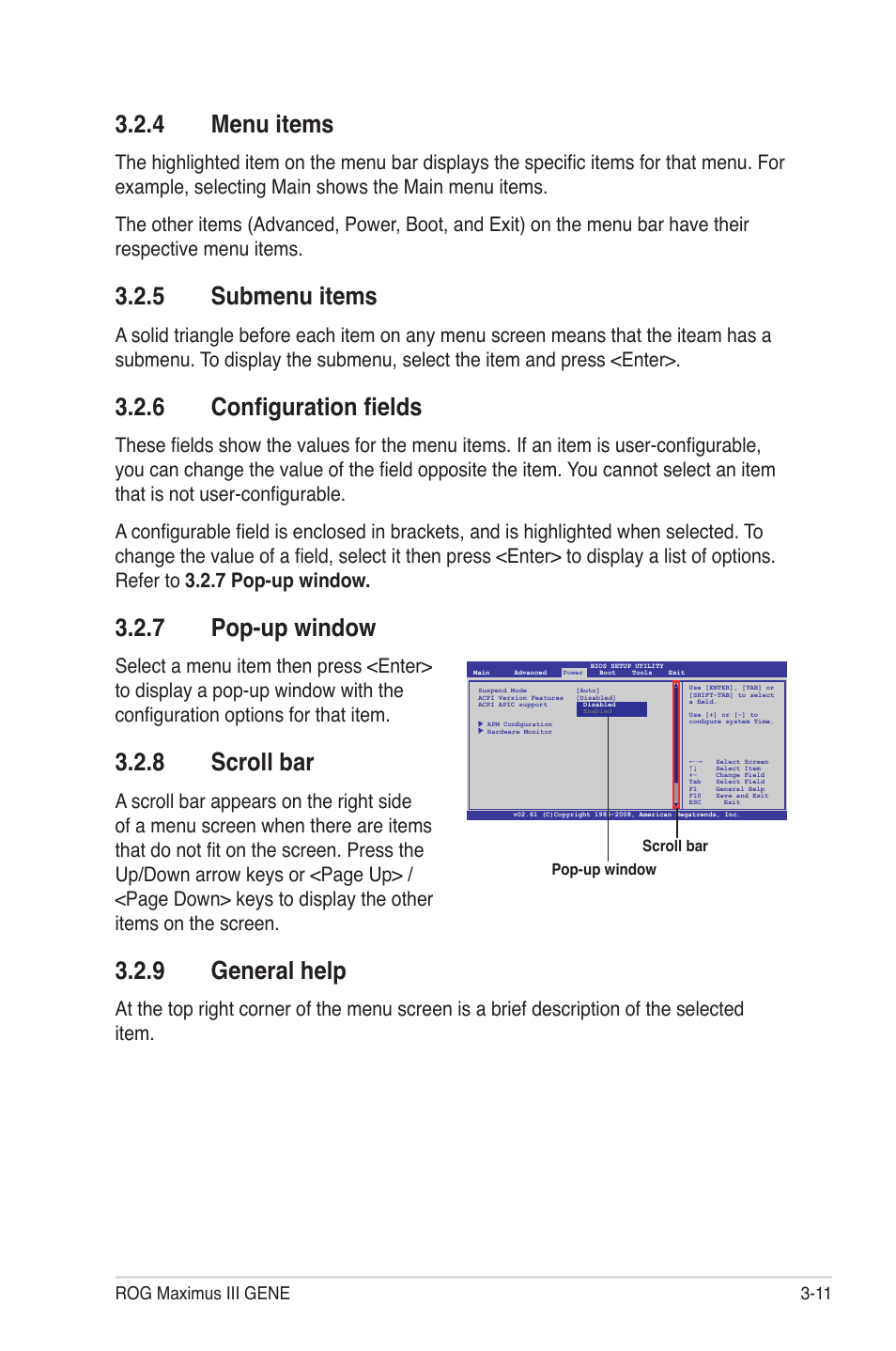 4 menu items, 5 submenu items, 6 configuration fields | 7 pop-up window, 8 scroll bar, 9 general help, Menu items -11, Submenu items -11, Configuration fields -11, Pop-up window -11 | Asus Maximus III Gene User Manual | Page 81 / 170