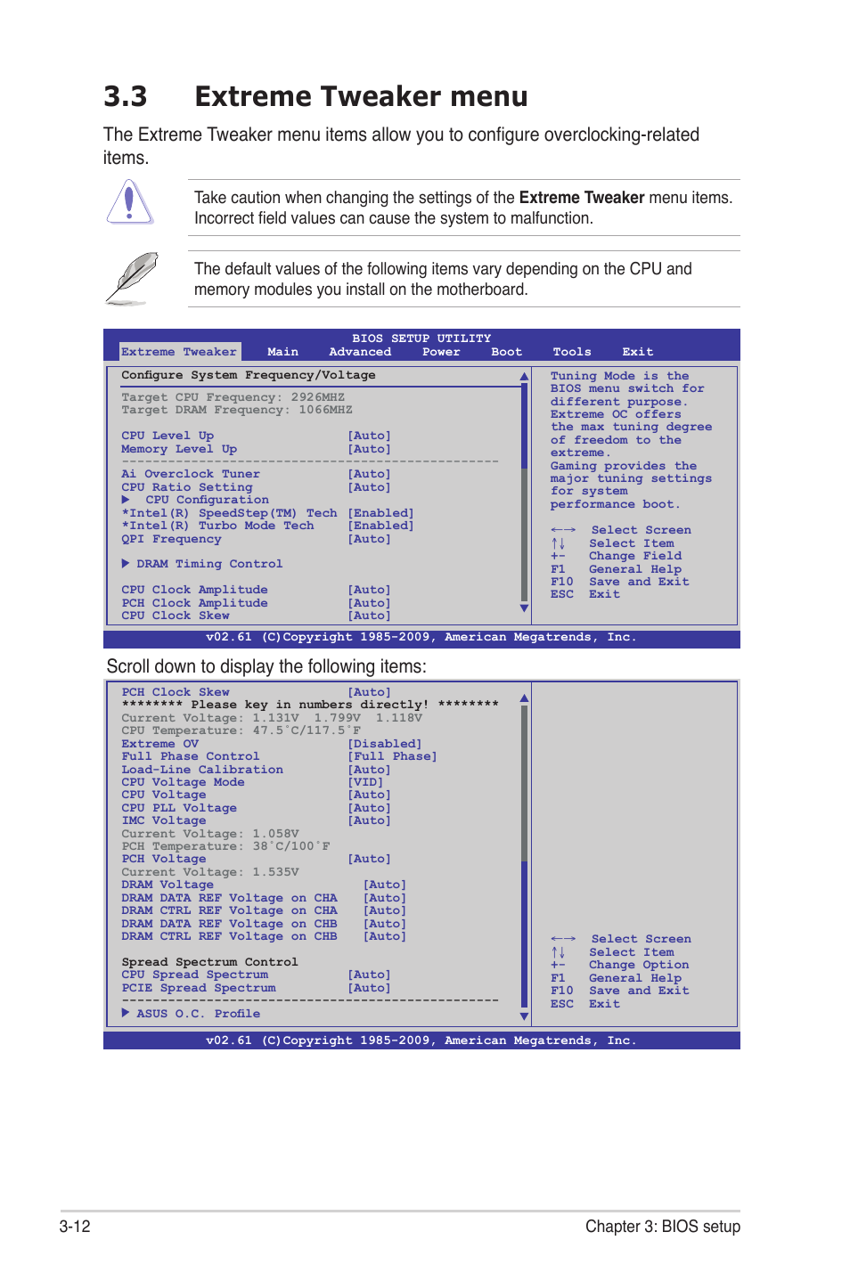 3 extreme tweaker menu, Extreme tweaker menu -12, Scroll down to display the following items | 12 chapter 3: bios setup | Asus Maximus III Gene User Manual | Page 82 / 170