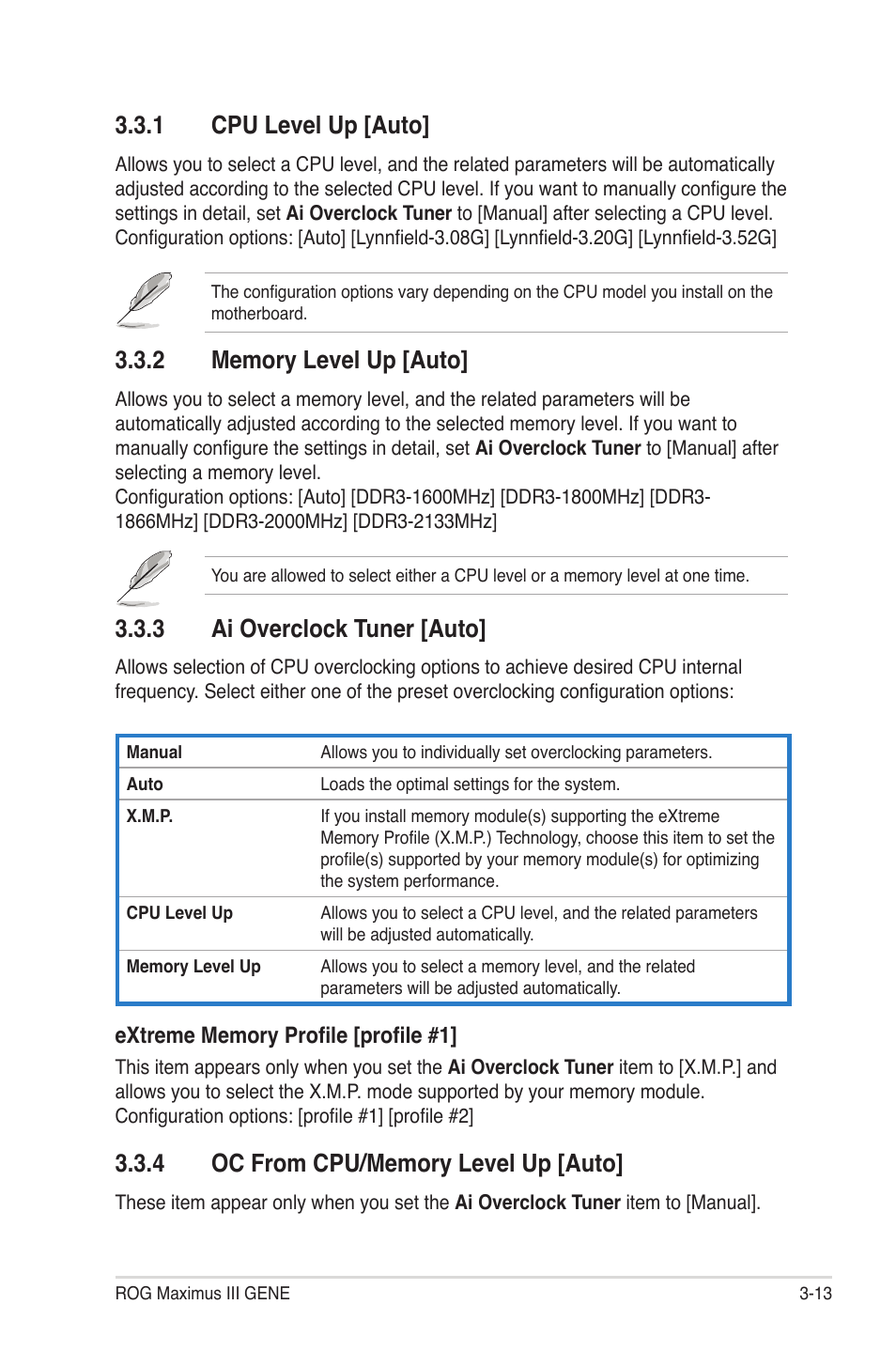 1 cpu level up [auto, 2 memory level up [auto, 3 ai overclock tuner [auto | 4 oc from cpu/memory level up [auto, Cpu level up -13, Memory level up -13, Ai overclock tuner -13, Oc from cpu/memory level up -13 | Asus Maximus III Gene User Manual | Page 83 / 170