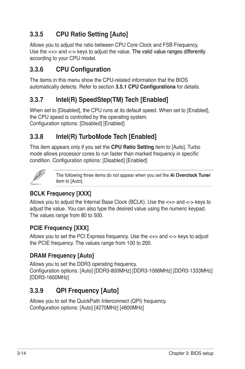 5 cpu ratio setting [auto, 6 cpu configuration, 7 intel(r) speedstep(tm) tech [enabled | 8 intel(r) turbomode tech [enabled, 9 qpi frequency [auto, Cpu ratio setting -14, Cpu configuration -14, Intel(r) speedstep(tm) tech -14, Intel(r) turbomode tech -14, Qpi frequency -14 | Asus Maximus III Gene User Manual | Page 84 / 170