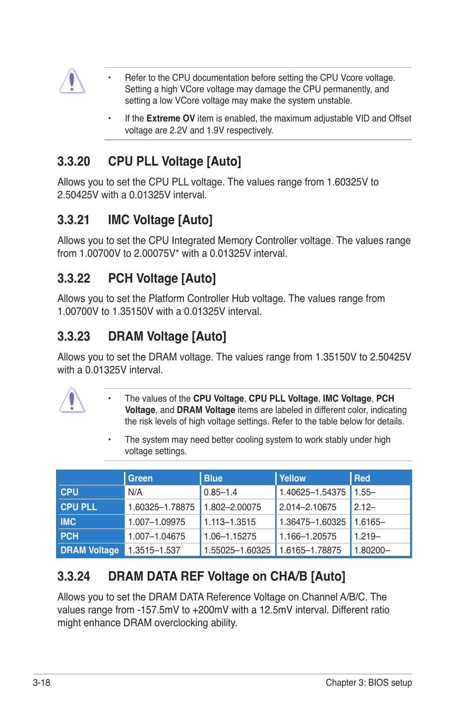 20 cpu pll voltage [auto, 21 imc voltage [auto, 22 pch voltage [auto | 23 dram voltage [auto, 24 dram data ref voltage on cha/b [auto | Asus Maximus III Gene User Manual | Page 88 / 170