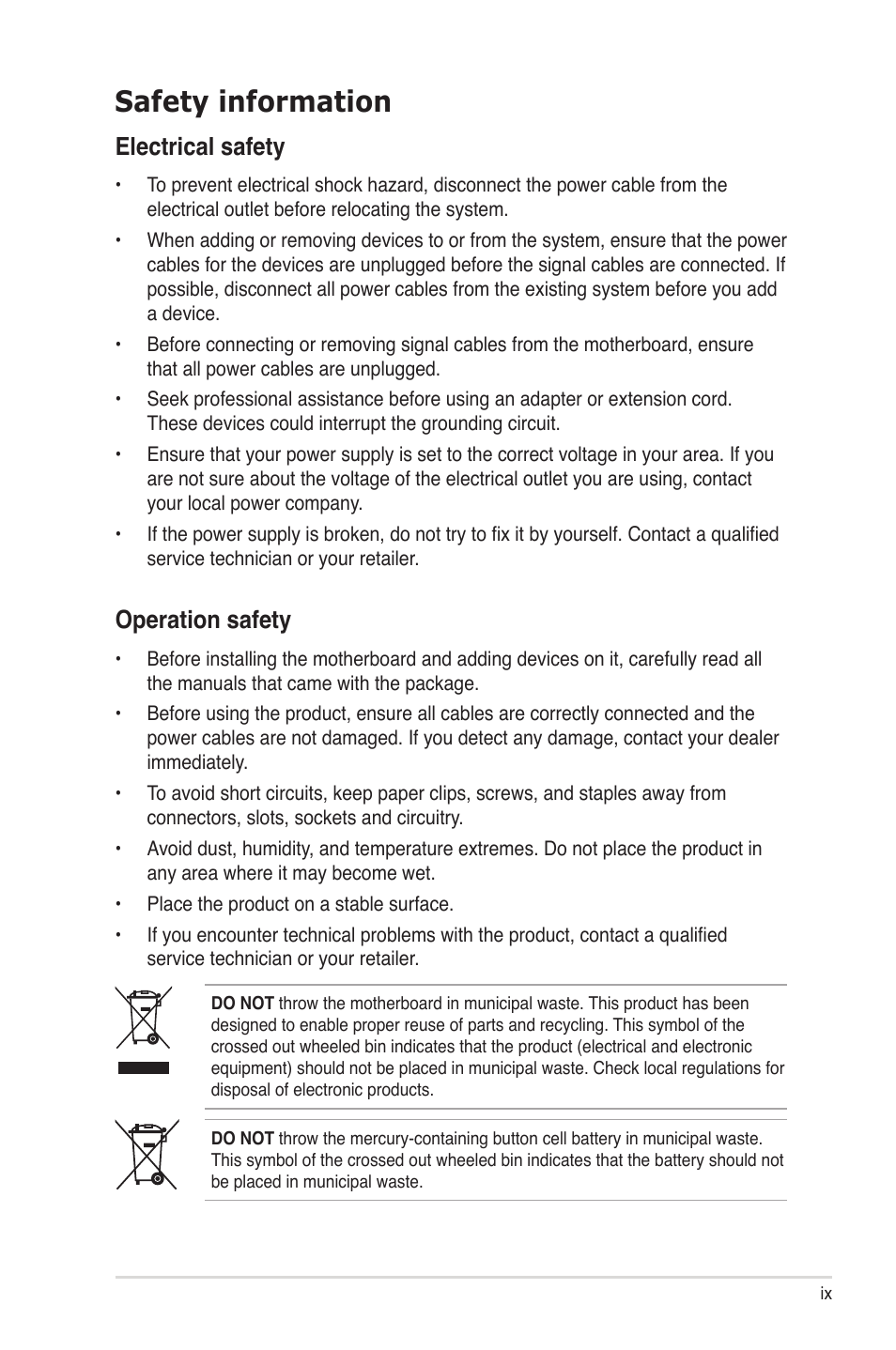 Safety information, Electrical safety, Operation safety | Asus Maximus III Gene User Manual | Page 9 / 170