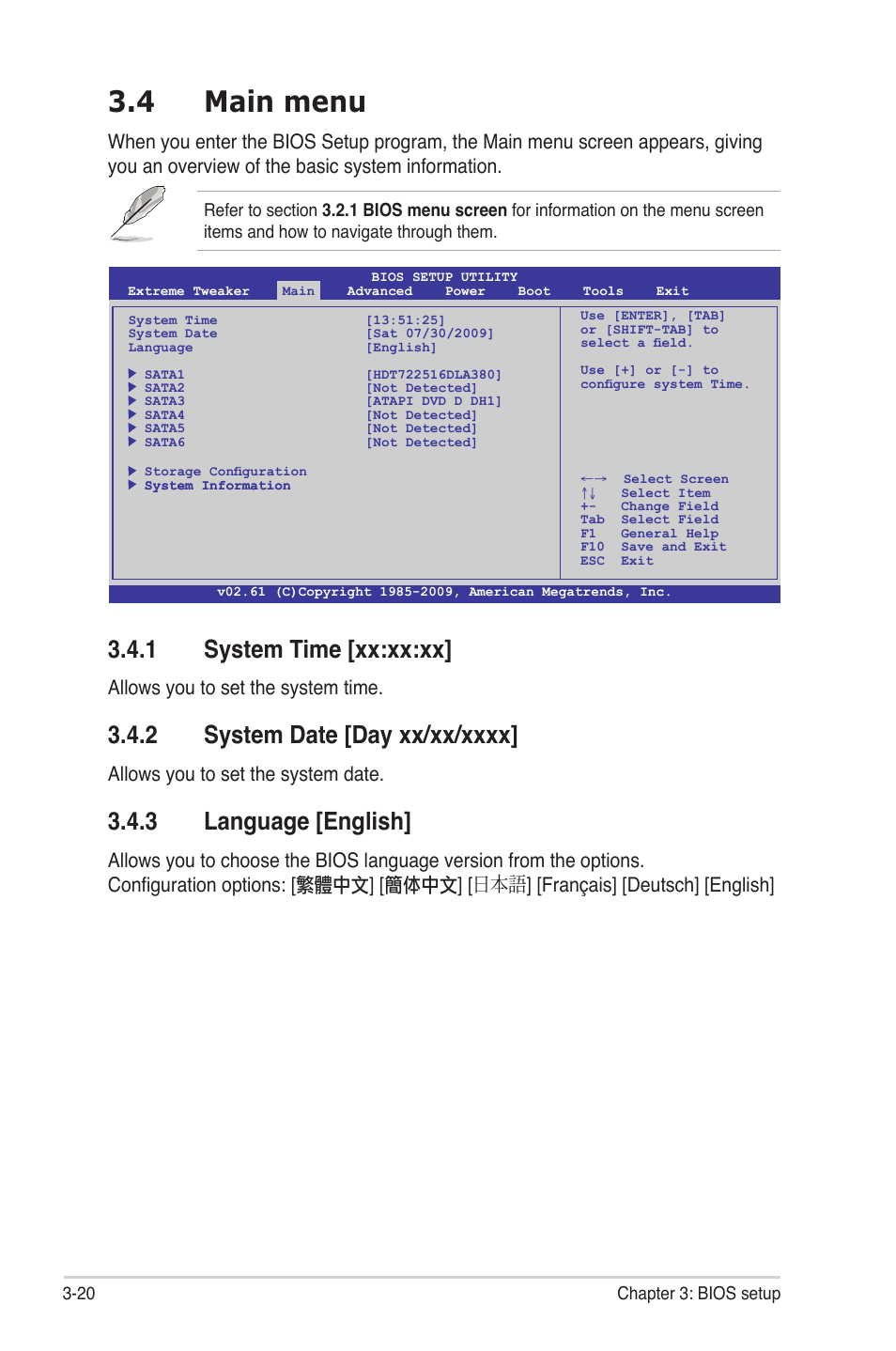 4 main menu, 1 system time [xx:xx:xx, 2 system date [day xx/xx/xxxx | 3 language [english, Main menu -20 3.4.1, System time -20, System date -20, Language -20, Allows you to set the system time, Allows you to set the system date | Asus Maximus III Gene User Manual | Page 90 / 170