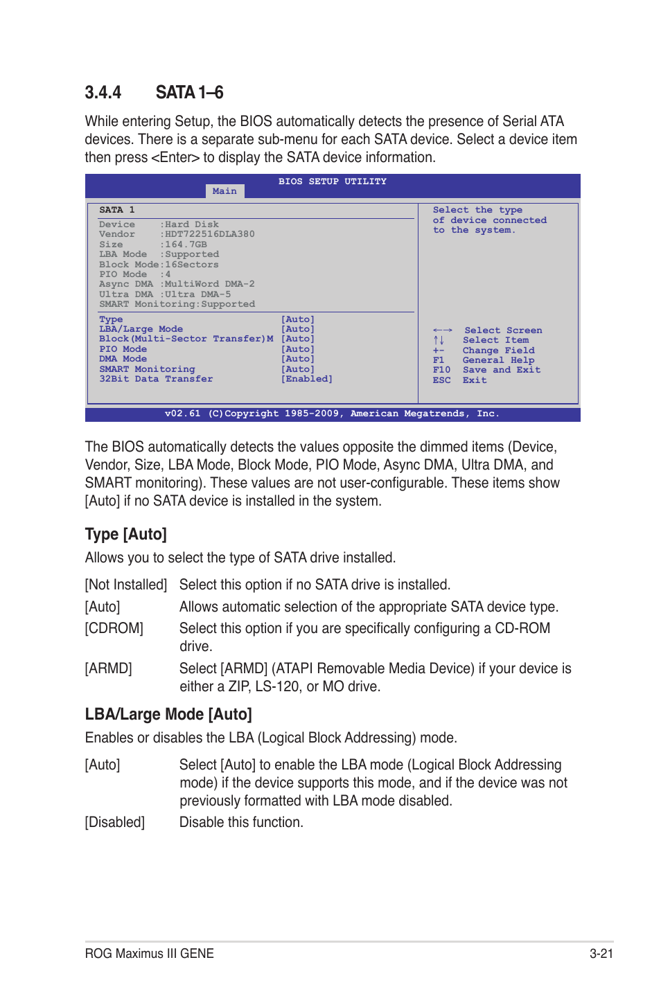 4 sata 1–6, Sata 1–6 -21, Type [auto | Lba/large mode [auto | Asus Maximus III Gene User Manual | Page 91 / 170