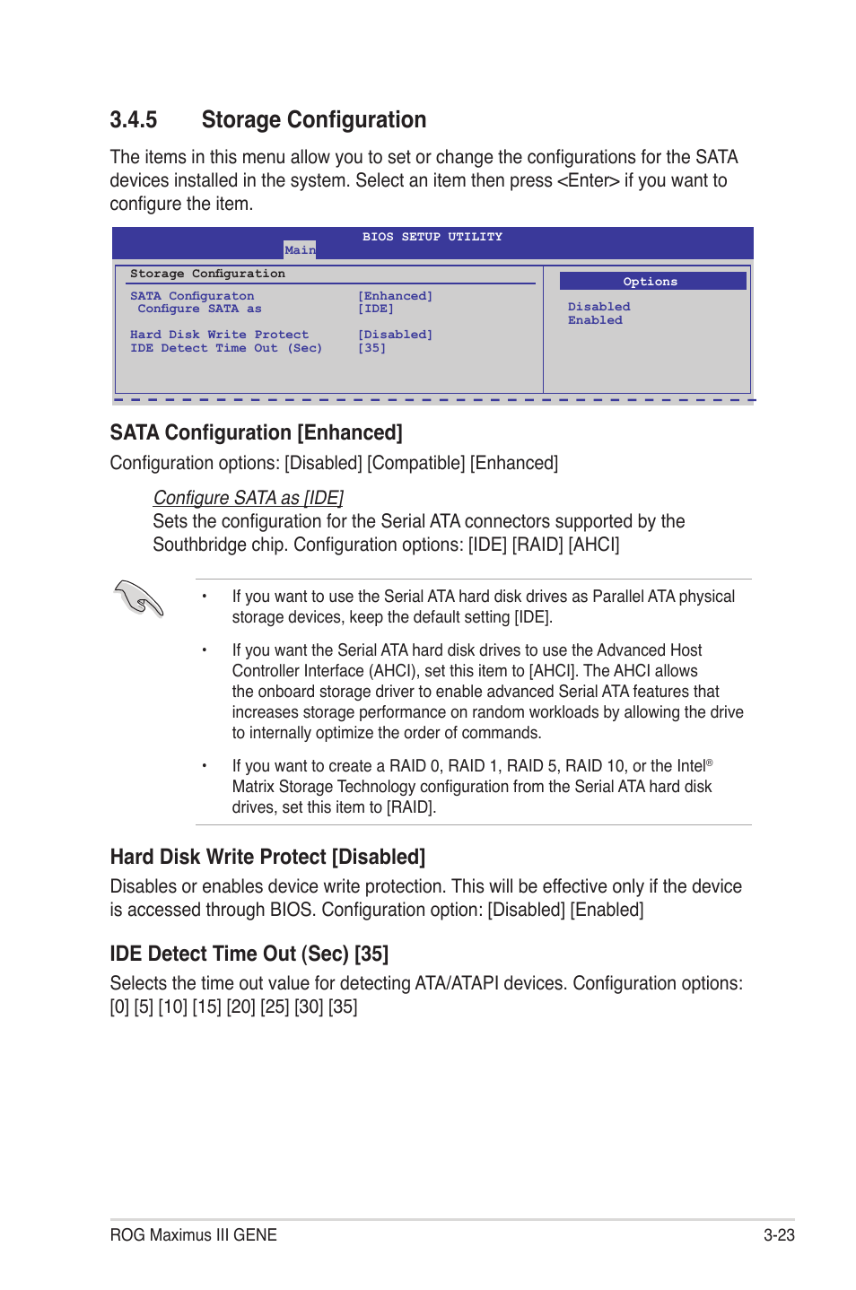 5 storage configuration, Storage configuration -23, Sata configuration [enhanced | Hard disk write protect [disabled, Ide detect time out (sec) [35 | Asus Maximus III Gene User Manual | Page 93 / 170