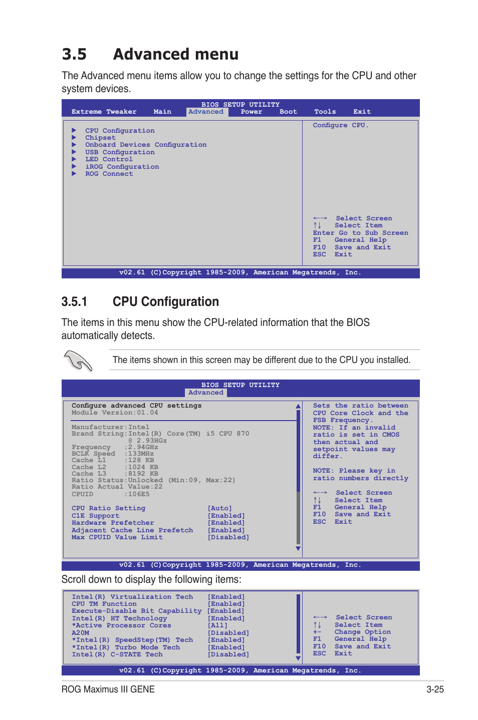 5 advanced menu, 1 cpu configuration, Advanced menu -25 3.5.1 | Cpu configuration -25, Scroll down to display the following items, Rog maximus iii gene 3-25 | Asus Maximus III Gene User Manual | Page 95 / 170