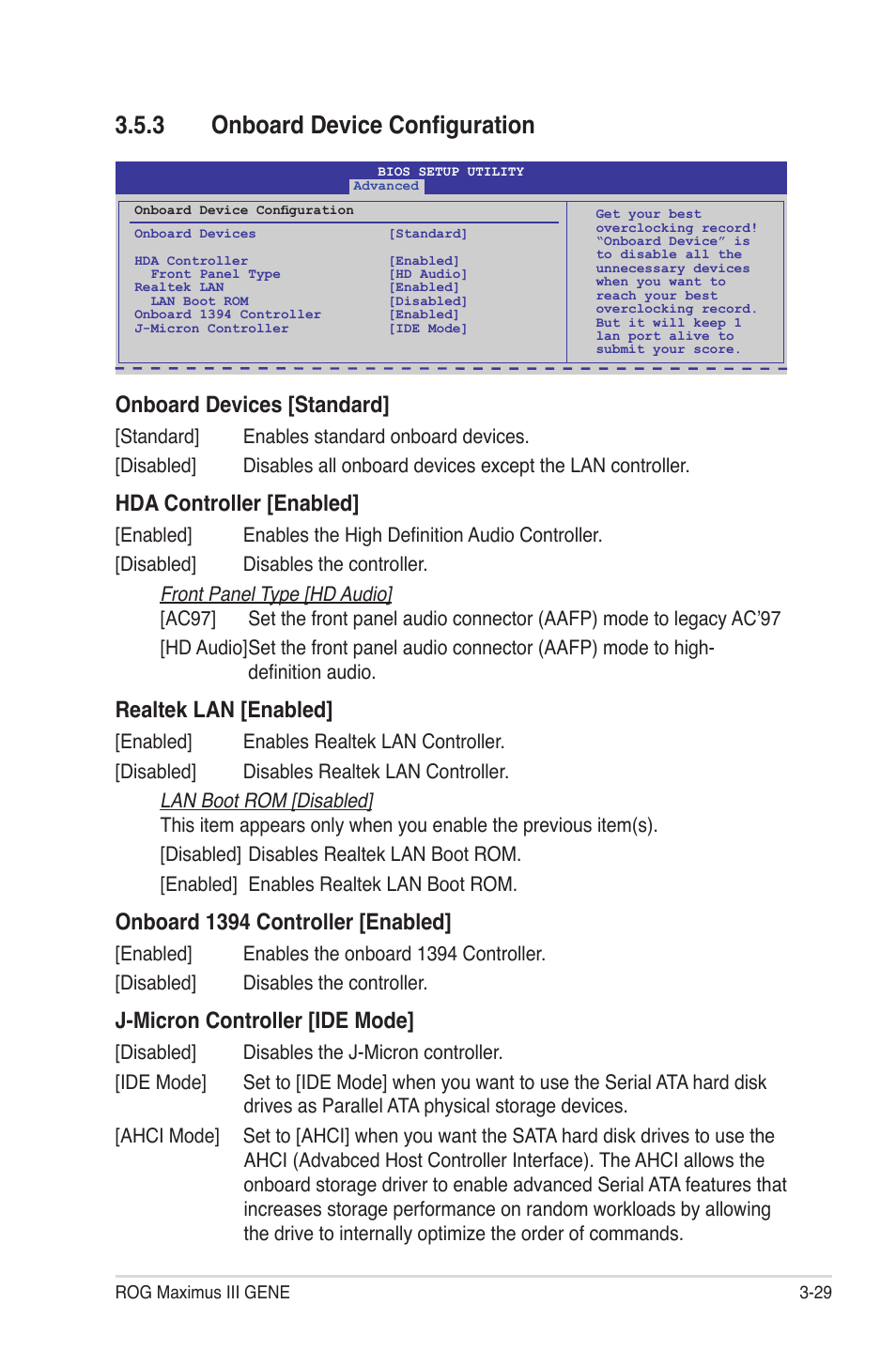 3 onboard device configuration, Onboard device configuration -29, Onboard devices [standard | Hda controller [enabled, Realtek lan [enabled, Onboard 1394 controller [enabled, J-micron controller [ide mode | Asus Maximus III Gene User Manual | Page 99 / 170