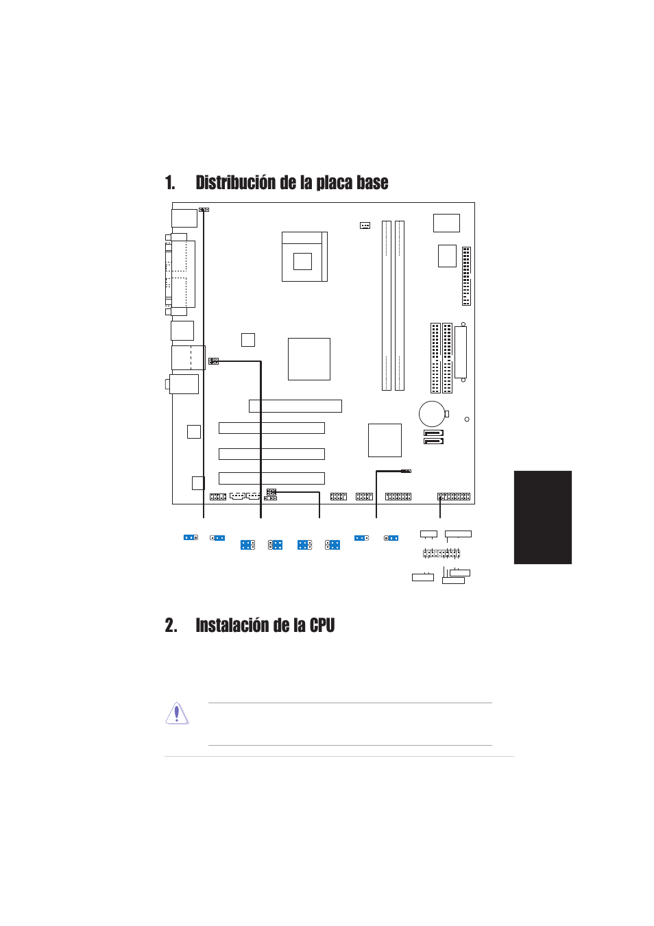 Instalación de la cpu, Distribución de la placa base, Espa ñ ol | Placa base asus p4s8x-mx, Pci1, Pci2 pci3 | Asus P4S8X-MX User Manual | Page 11 / 20