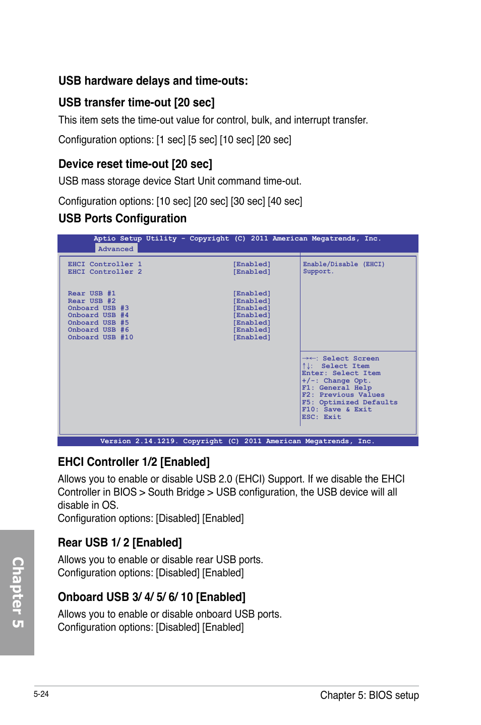 Chapter 5, Usb ports configuration, Ehci controller 1/2 [enabled | Rear usb 1/ 2 [enabled, Device reset time-out [20 sec, Chapter 5: bios setup | Asus TS700-X7/PS4 User Manual | Page 100 / 200