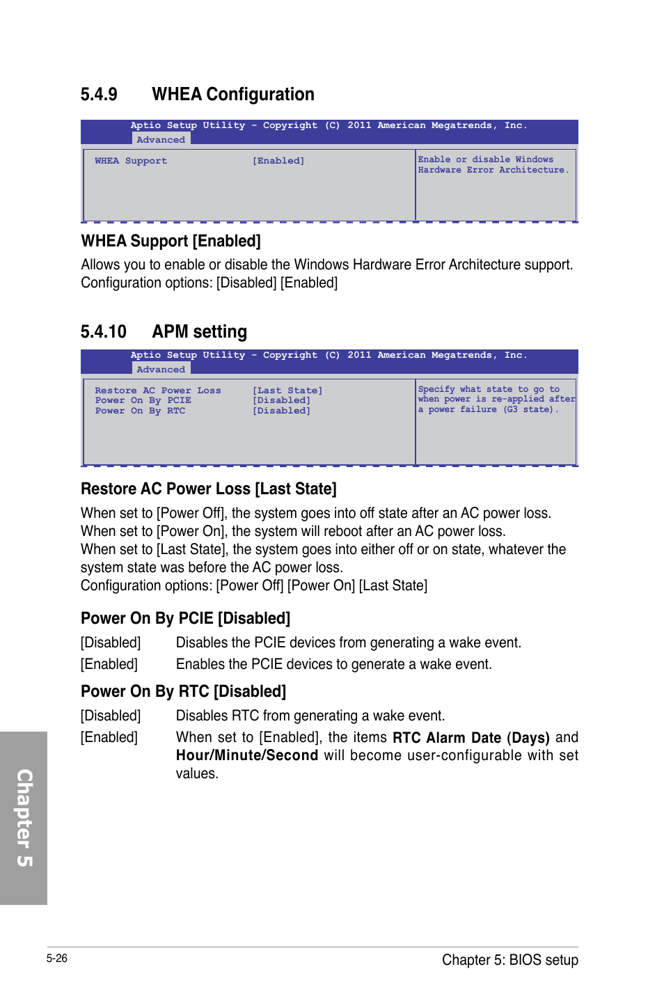 Chapter 5, 10 apm setting, 9 whea configuration | Restore ac power loss [last state, Power on by pcie [disabled, Power on by rtc [disabled, Whea support [enabled | Asus TS700-X7/PS4 User Manual | Page 102 / 200