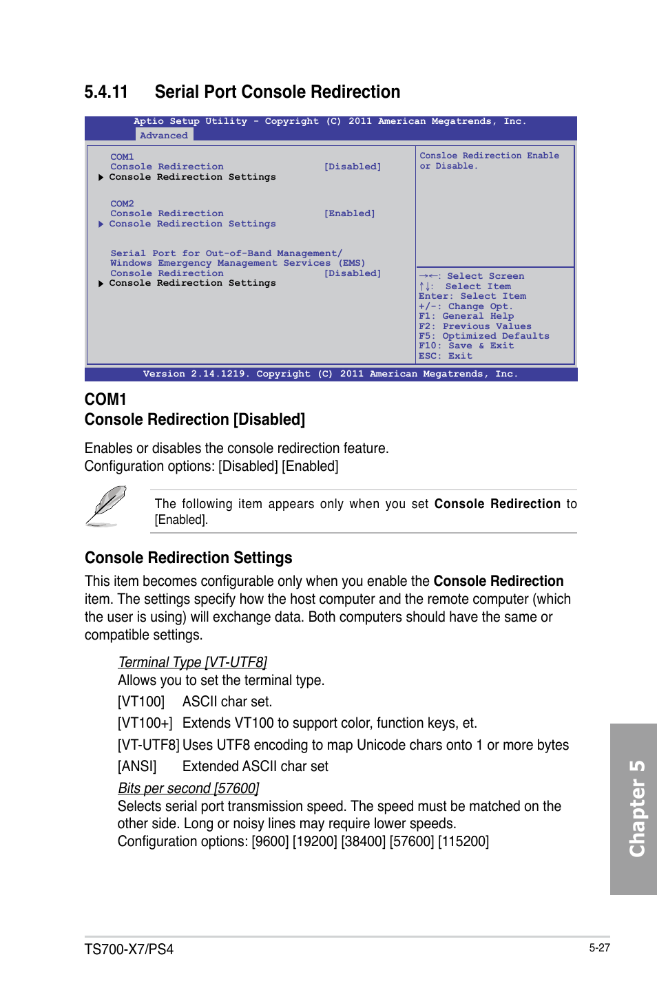 Chapter 5, 11 serial port console redirection, Console redirection settings | Com1 console redirection [disabled | Asus TS700-X7/PS4 User Manual | Page 103 / 200