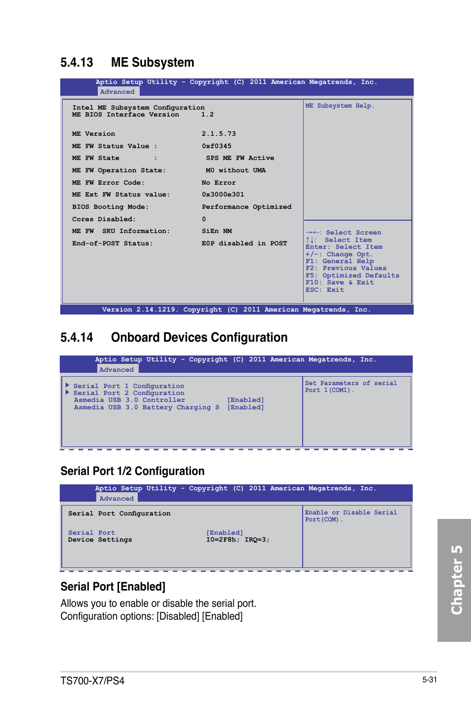 Chapter 5, 13 me subsystem, 14 onboard devices configuration | Serial port 1/2 configuration, Serial port [enabled | Asus TS700-X7/PS4 User Manual | Page 107 / 200