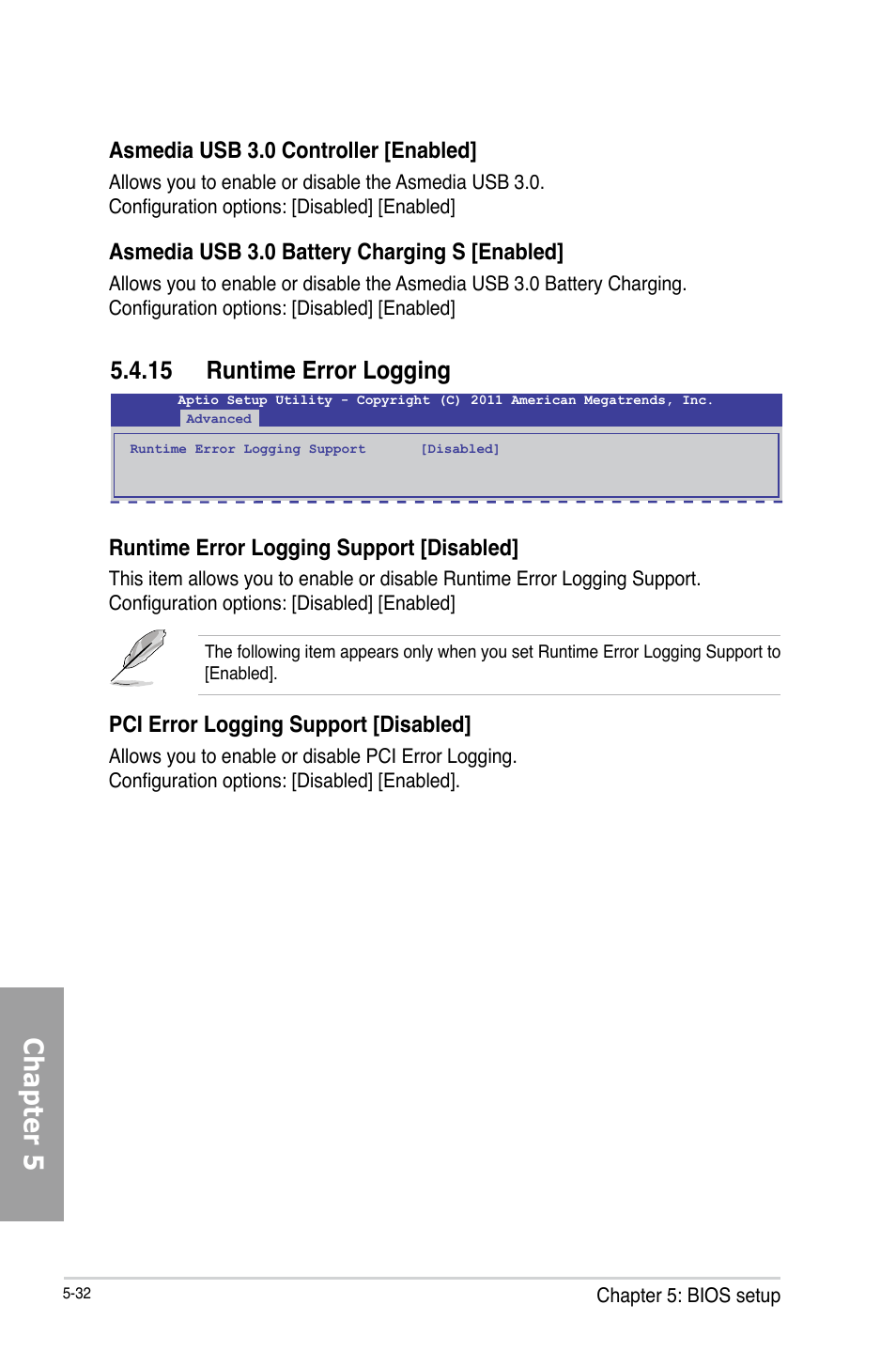 Chapter 5, 15 runtime error logging, Runtime error logging support [disabled | Pci error logging support [disabled, Asmedia usb 3.0 controller [enabled, Asmedia usb 3.0 battery charging s [enabled | Asus TS700-X7/PS4 User Manual | Page 108 / 200