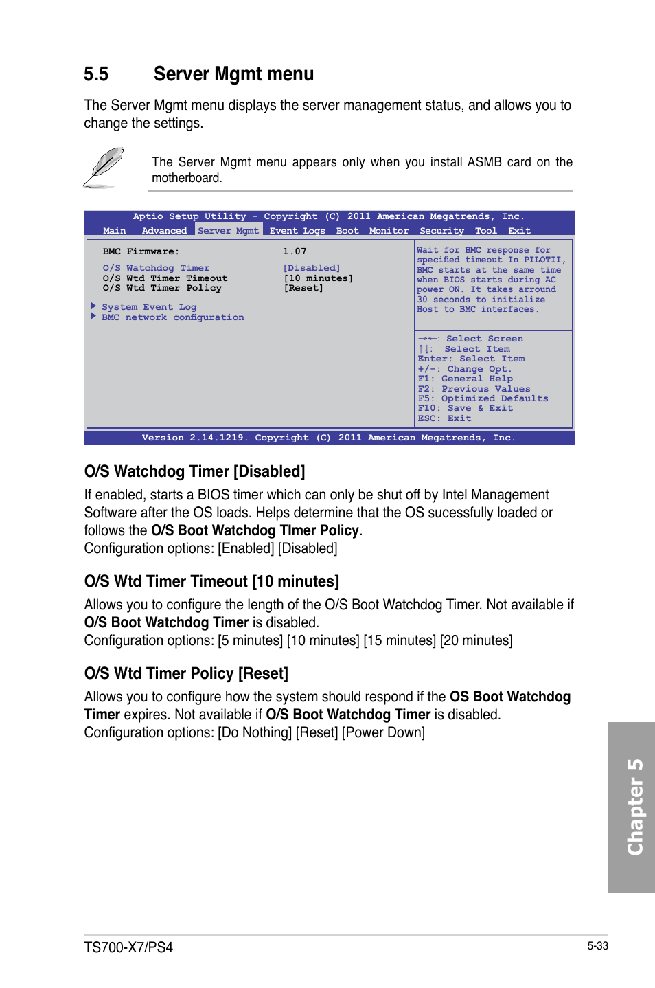 Chapter 5 5.5 server mgmt menu, O/s watchdog timer [disabled, O/s wtd timer timeout [10 minutes | O/s wtd timer policy [reset | Asus TS700-X7/PS4 User Manual | Page 109 / 200