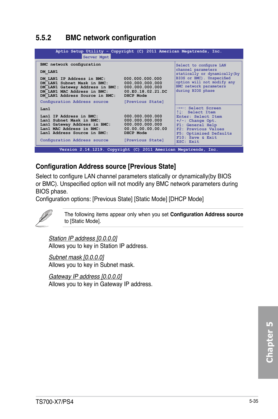 Chapter 5, 2 bmc network configuration, Configuration address source [previous state | Asus TS700-X7/PS4 User Manual | Page 111 / 200