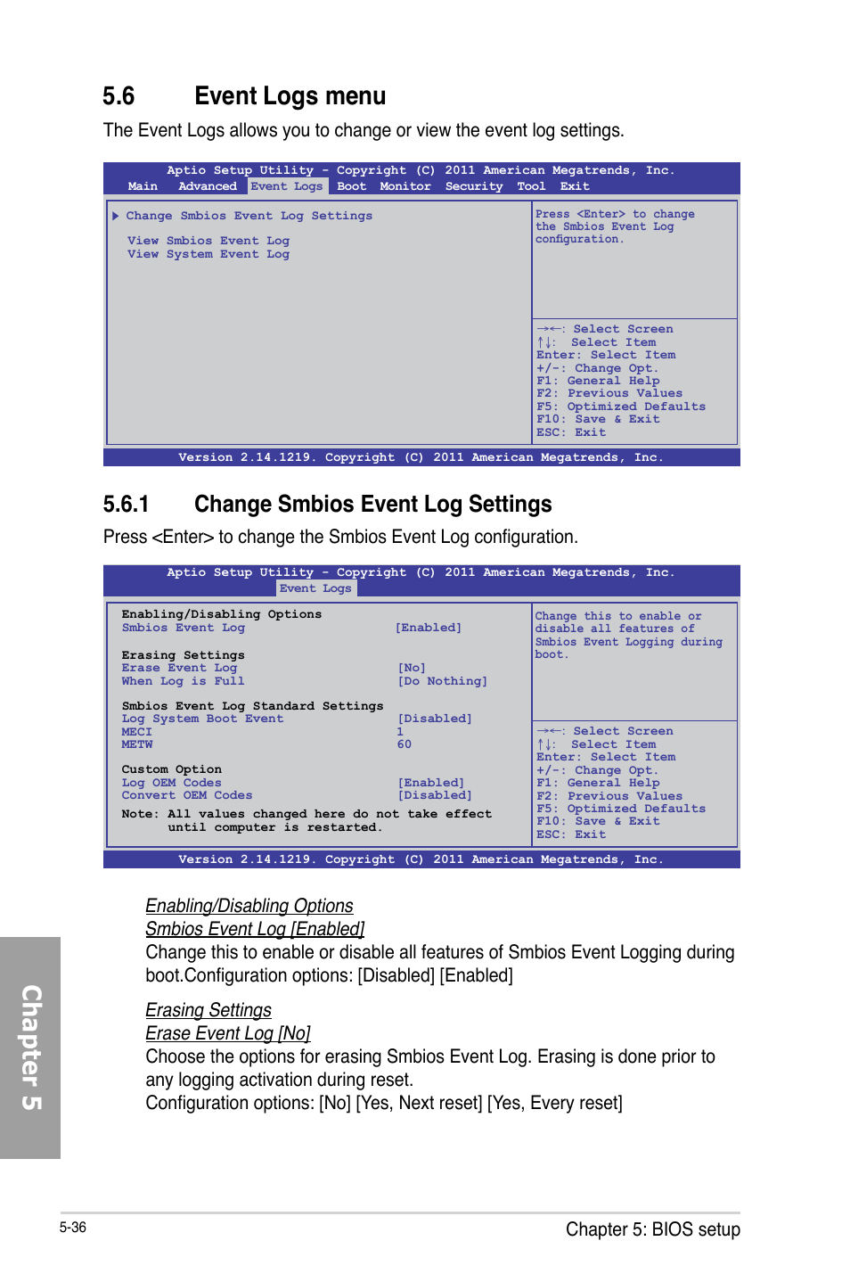 Chapter 5 5.6 event logs menu, 1 change smbios event log settings, Chapter 5: bios setup | Asus TS700-X7/PS4 User Manual | Page 112 / 200