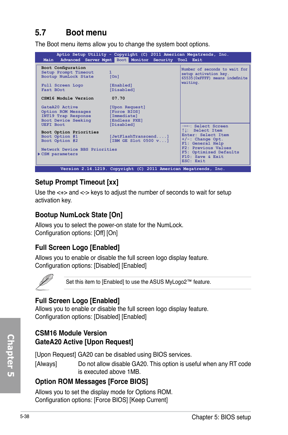 Chapter 5 5.7 boot menu, Setup prompt timeout [xx, Bootup numlock state [on | Full screen logo [enabled, Csm16 module version gatea20 active [upon request, Option rom messages [force bios, Chapter 5: bios setup | Asus TS700-X7/PS4 User Manual | Page 114 / 200