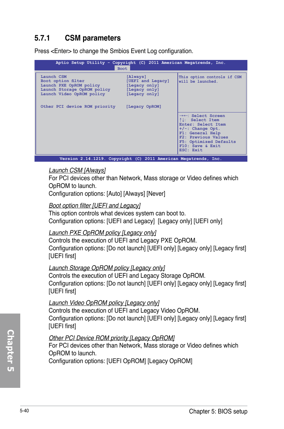 Chapter 5, 1 csm parameters, Chapter 5: bios setup | Asus TS700-X7/PS4 User Manual | Page 116 / 200