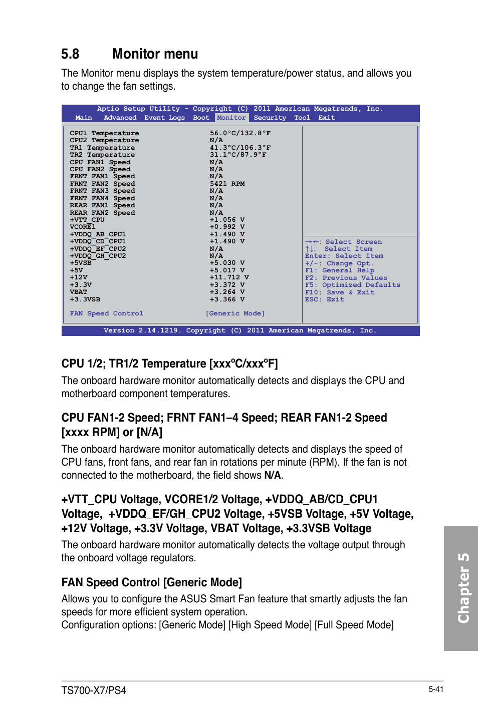 Chapter 5 5.8 monitor menu, Cpu 1/2; tr1/2 temperature [xxxºc/xxxºf, Fan speed control [generic mode | Asus TS700-X7/PS4 User Manual | Page 117 / 200