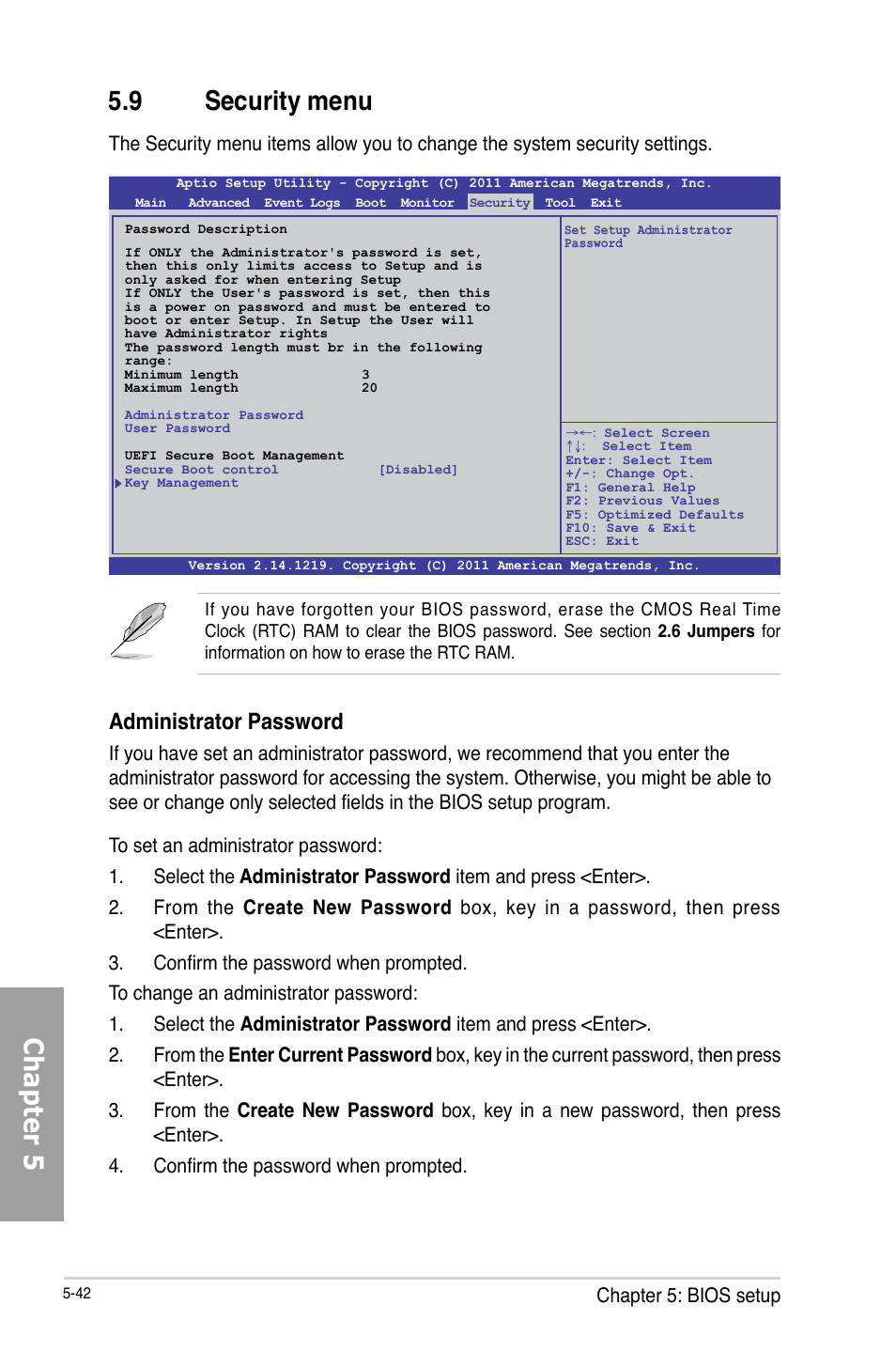 Chapter 5 5.9 security menu, Administrator password, Chapter 5: bios setup | Asus TS700-X7/PS4 User Manual | Page 118 / 200