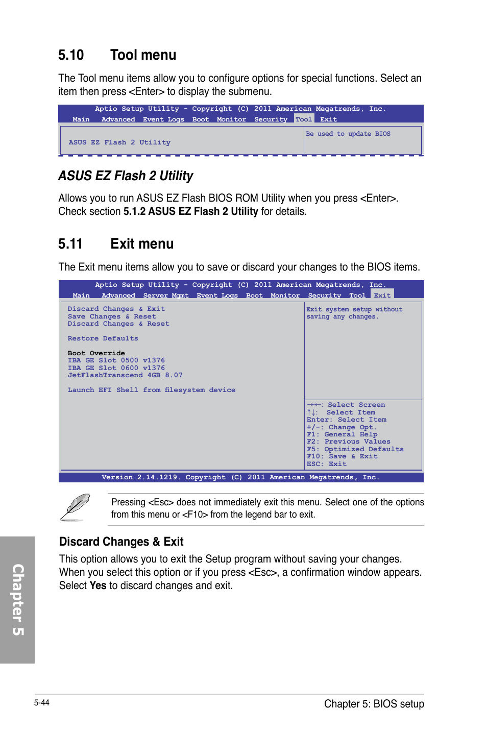 Chapter 5 5.10 tool menu, 11 exit menu, Asus ez flash 2 utility | Discard changes & exit, Chapter 5: bios setup | Asus TS700-X7/PS4 User Manual | Page 120 / 200