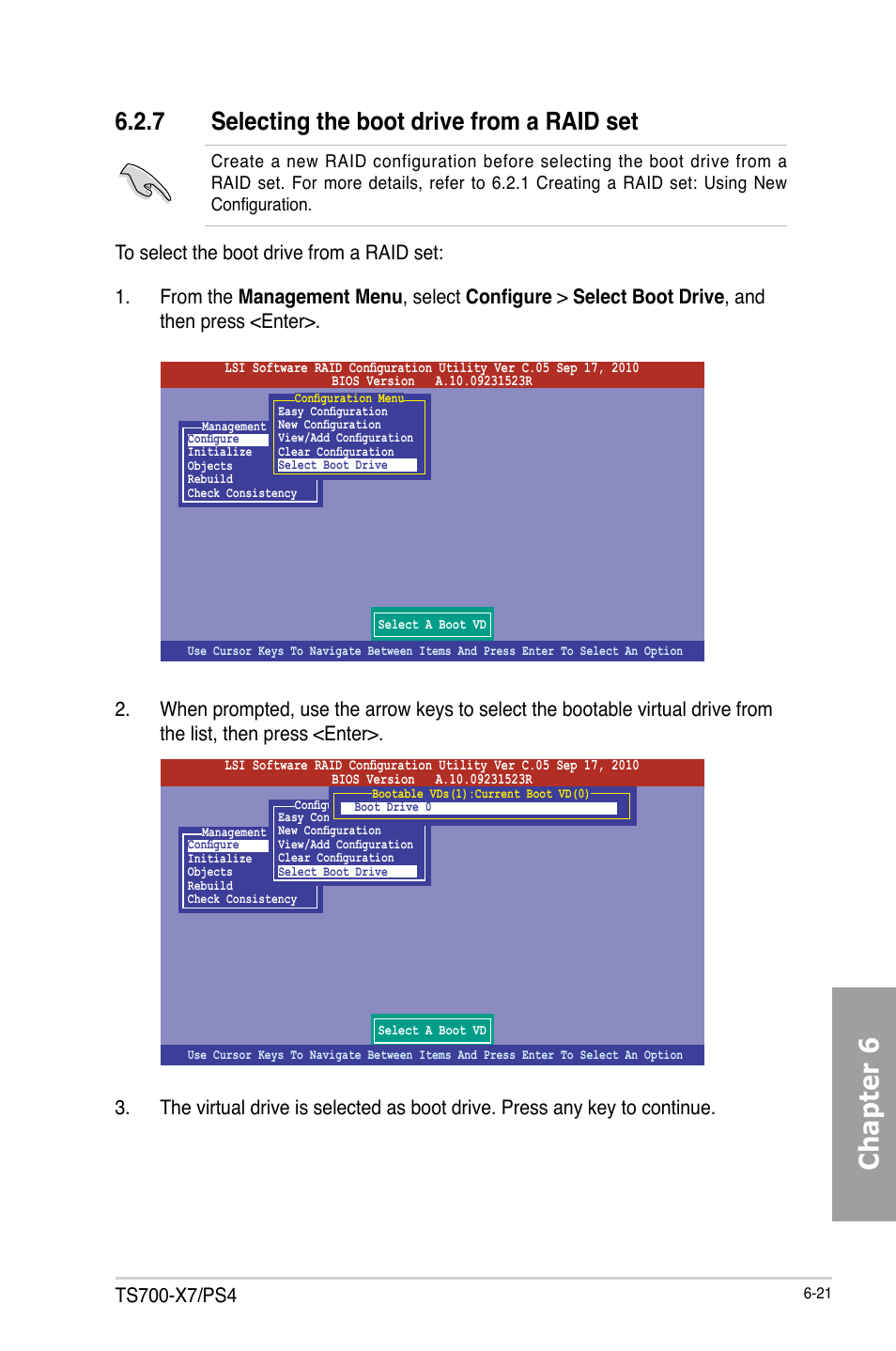 Chapter 6, 7 selecting the boot drive from a raid set | Asus TS700-X7/PS4 User Manual | Page 143 / 200