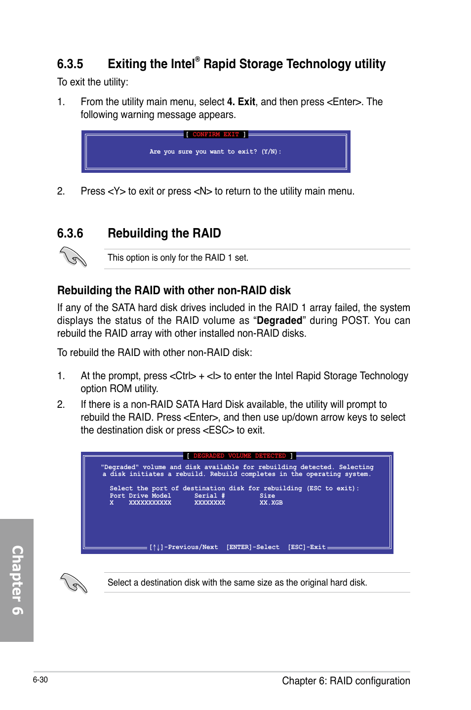 Chapter 6, 6 rebuilding the raid, 5 exiting the intel | Rapid storage technology utility, Rebuilding the raid with other non-raid disk | Asus TS700-X7/PS4 User Manual | Page 152 / 200