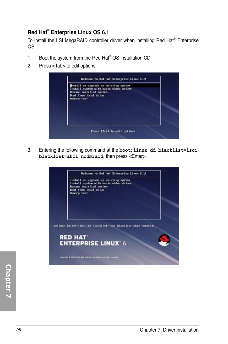 Chapter 7, Red hat, Enterprise linux os 6.1 | Asus TS700-X7/PS4 User Manual | Page 168 / 200