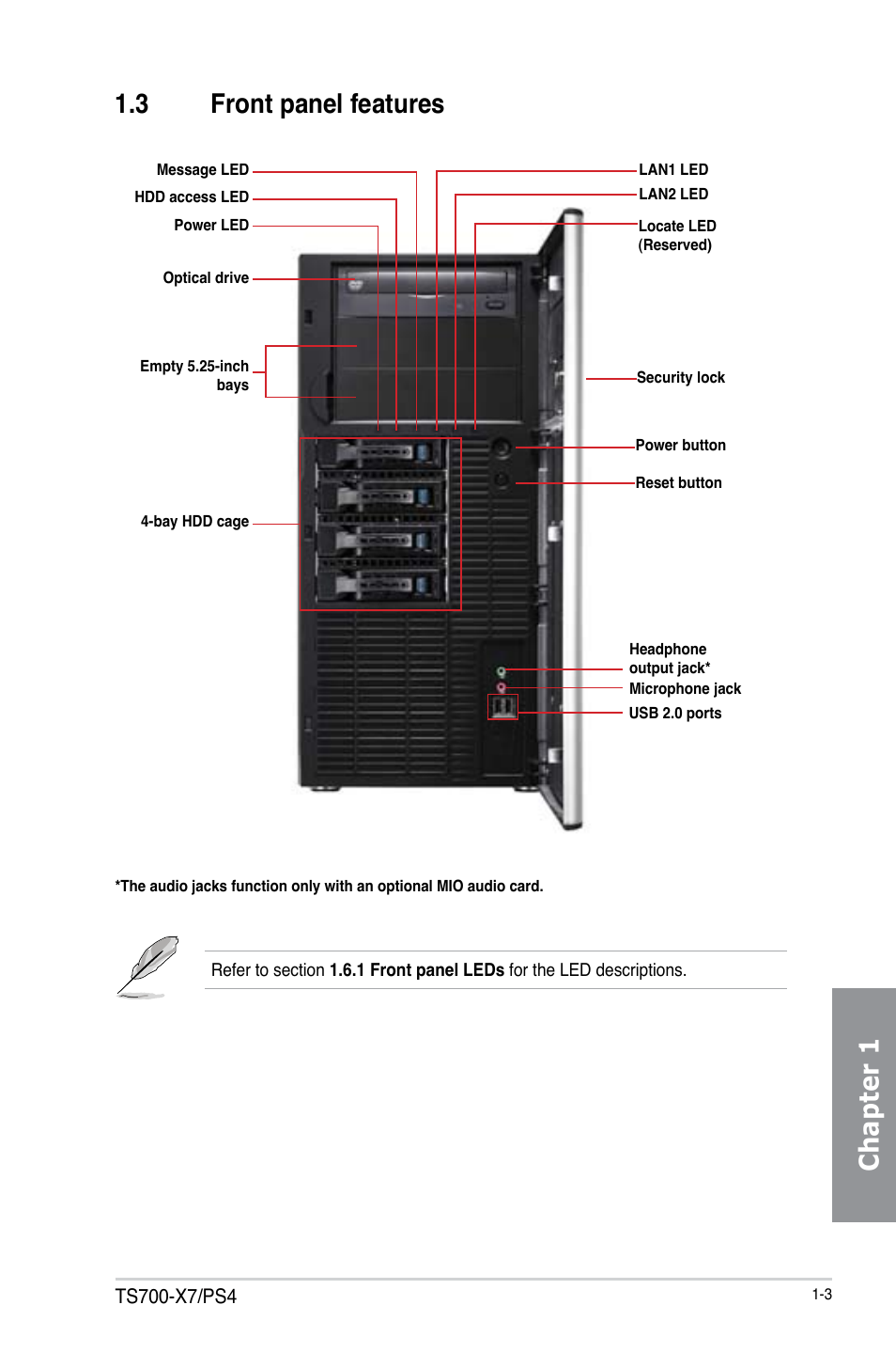 3 front panel features, Chapter 1 | Asus TS700-X7/PS4 User Manual | Page 17 / 200