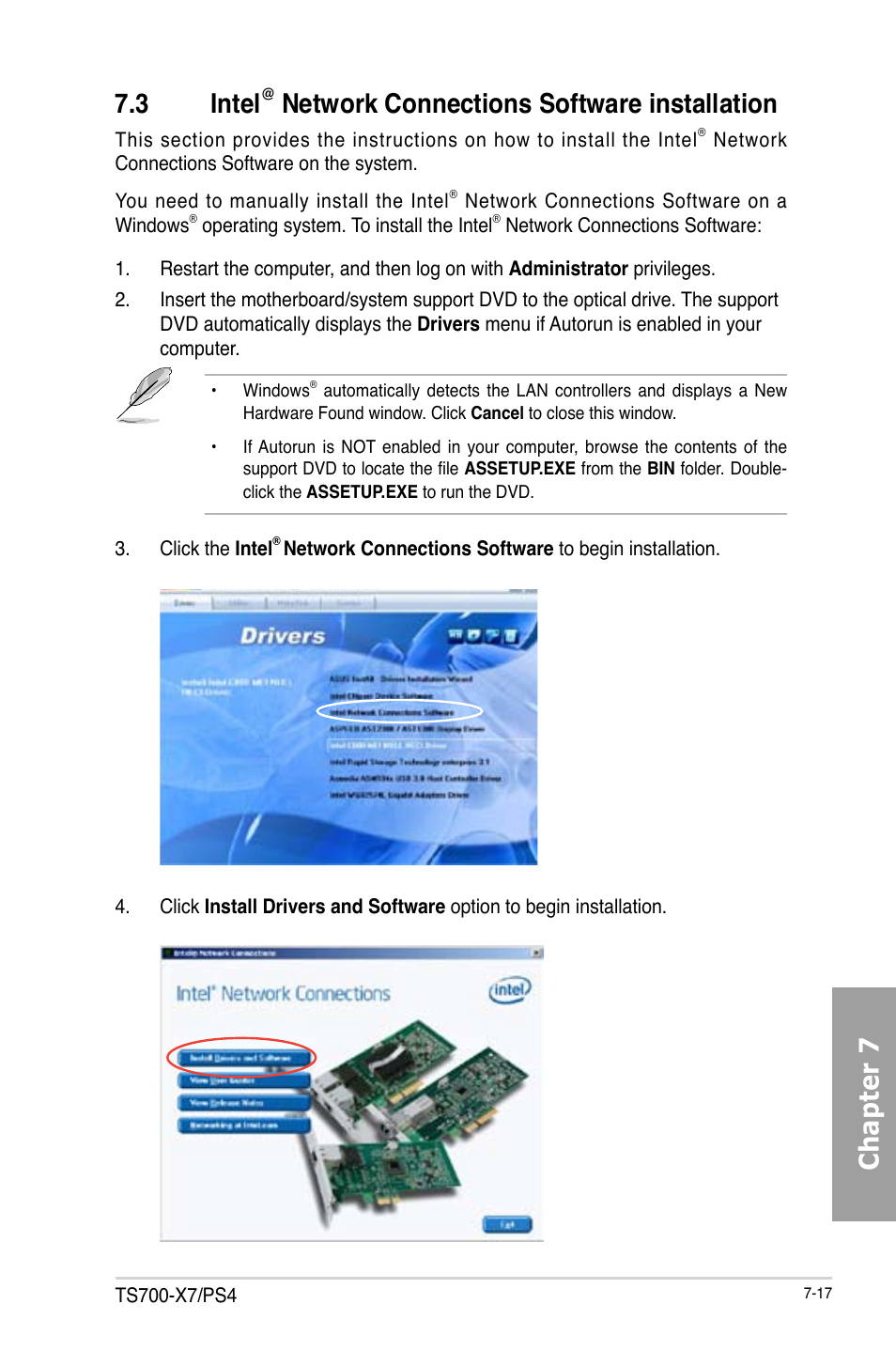 Chapter 7 7.3 intel, Network connections software installation | Asus TS700-X7/PS4 User Manual | Page 177 / 200