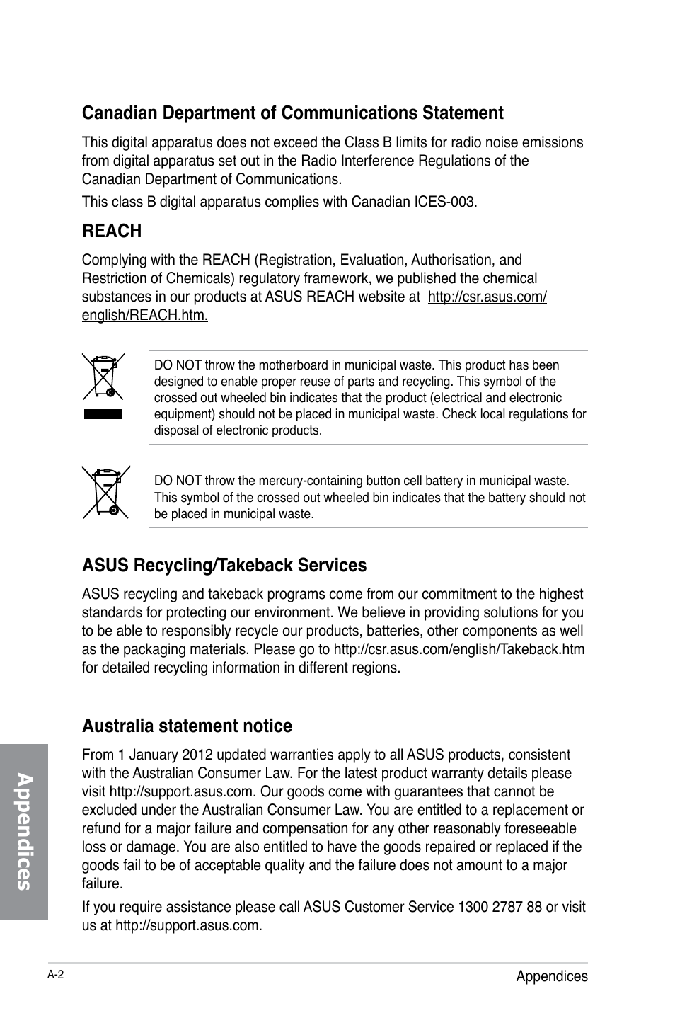 Appendices, Canadian department of communications statement, Reach | Asus recycling/takeback services, Australia statement notice | Asus TS700-X7/PS4 User Manual | Page 196 / 200