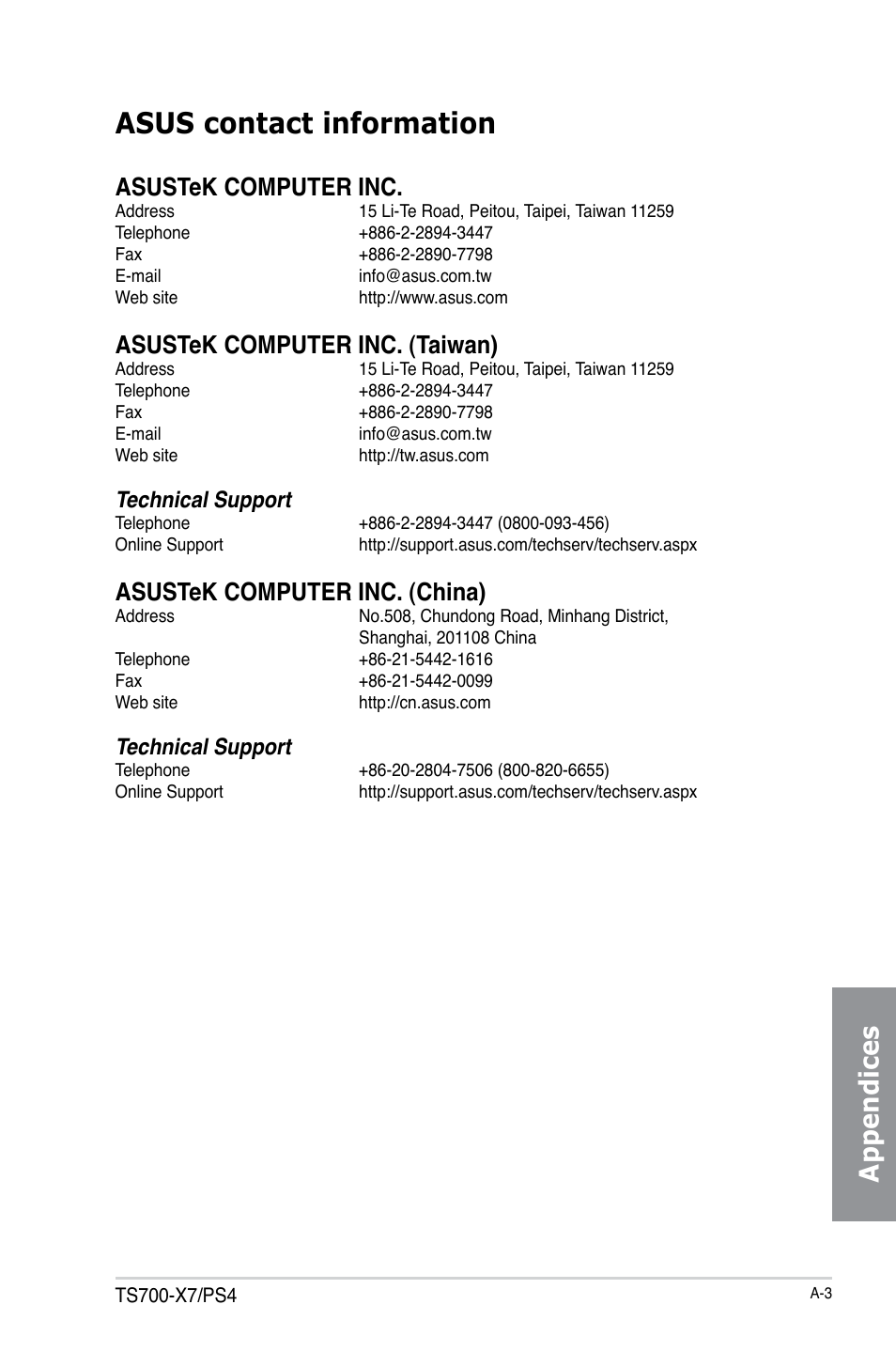 Asus contact information, Appendices, Asustek computer inc | Asustek computer inc. (taiwan), Asustek computer inc. (china), Technical support | Asus TS700-X7/PS4 User Manual | Page 197 / 200