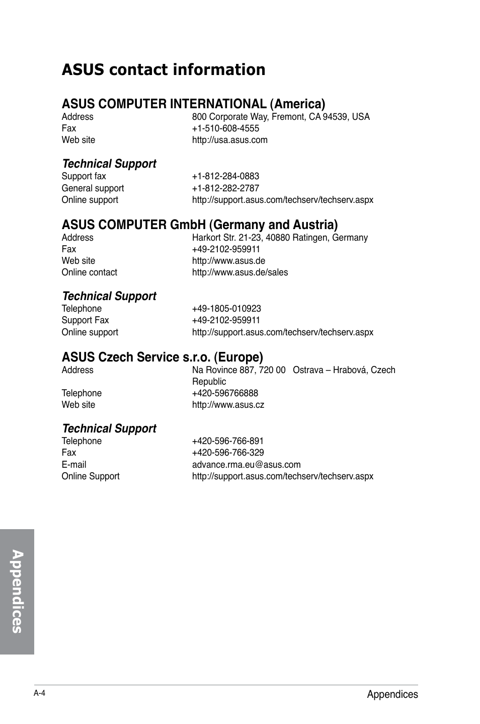 Asus contact information, Appendices, Asus computer international (america) | Asus computer gmbh (germany and austria), Asus czech service s.r.o. (europe), Technical support | Asus TS700-X7/PS4 User Manual | Page 198 / 200