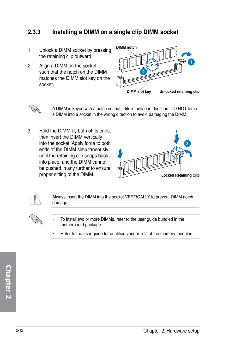 Chapter 2, 3 installing a dimm on a single clip dimm socket | Asus TS700-X7/PS4 User Manual | Page 34 / 200