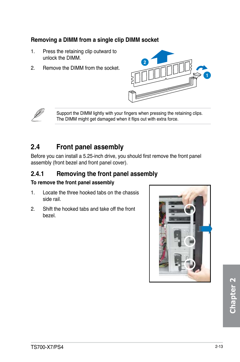 Chapter 2, 4 front panel assembly, 1 removing the front panel assembly | Asus TS700-X7/PS4 User Manual | Page 35 / 200