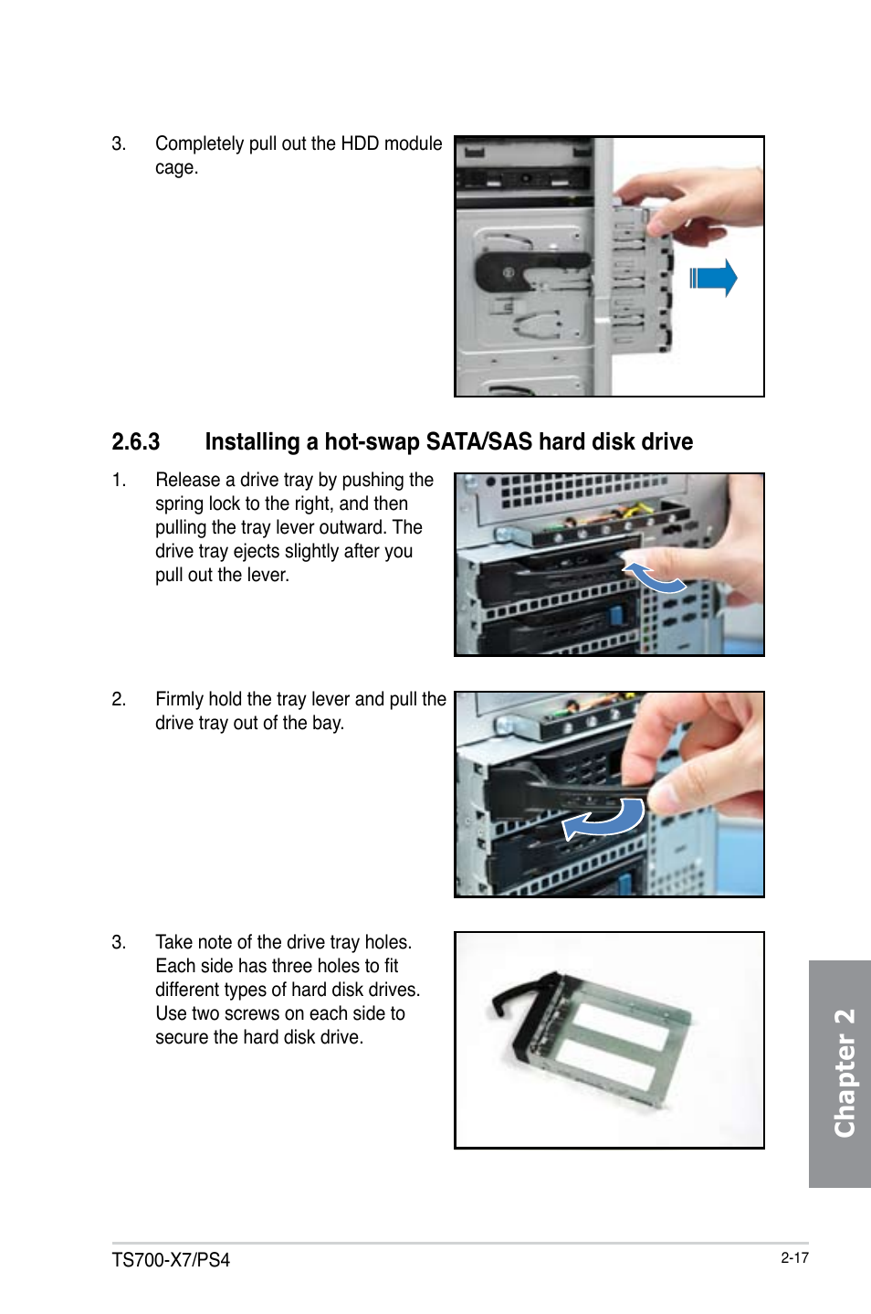 Chapter 2, 3 installing a hot-swap sata/sas hard disk drive | Asus TS700-X7/PS4 User Manual | Page 39 / 200