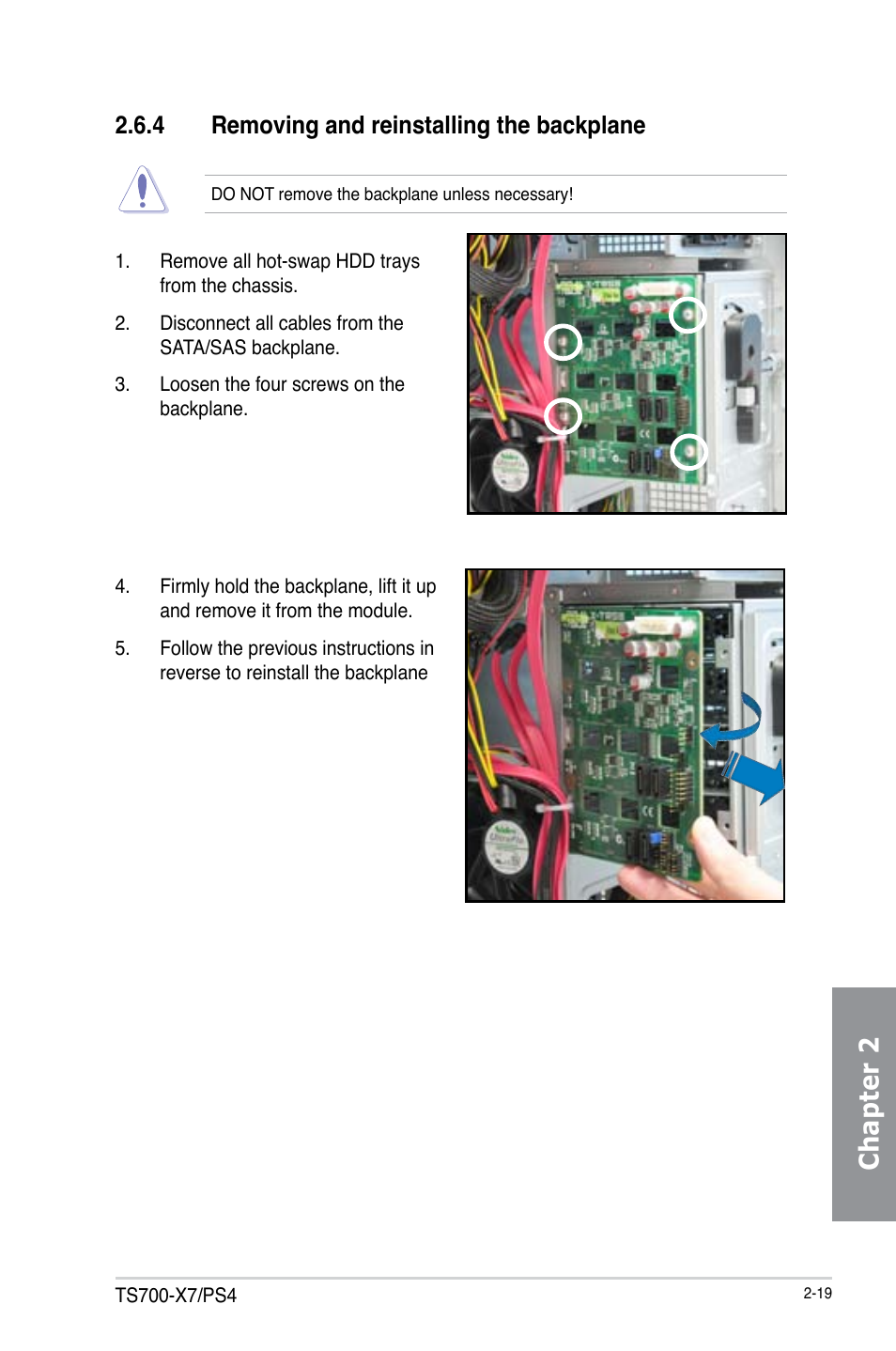 Chapter 2, 4 removing and reinstalling the backplane | Asus TS700-X7/PS4 User Manual | Page 41 / 200