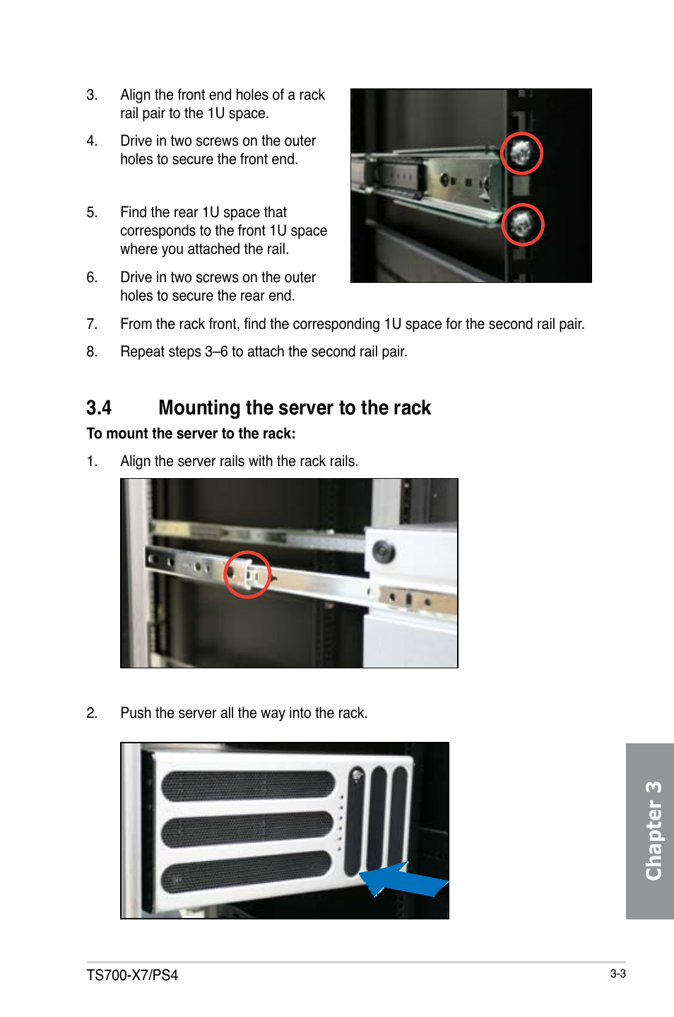 Chapter 3, 4 mounting the server to the rack | Asus TS700-X7/PS4 User Manual | Page 55 / 200