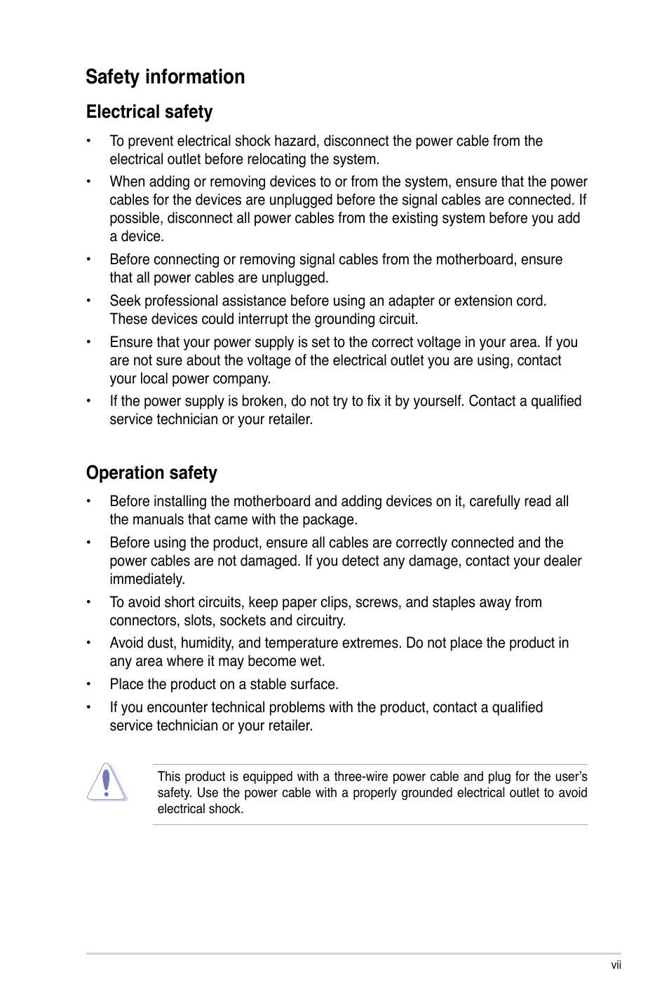 Safety information, Electrical safety, Operation safety | Asus TS700-X7/PS4 User Manual | Page 7 / 200