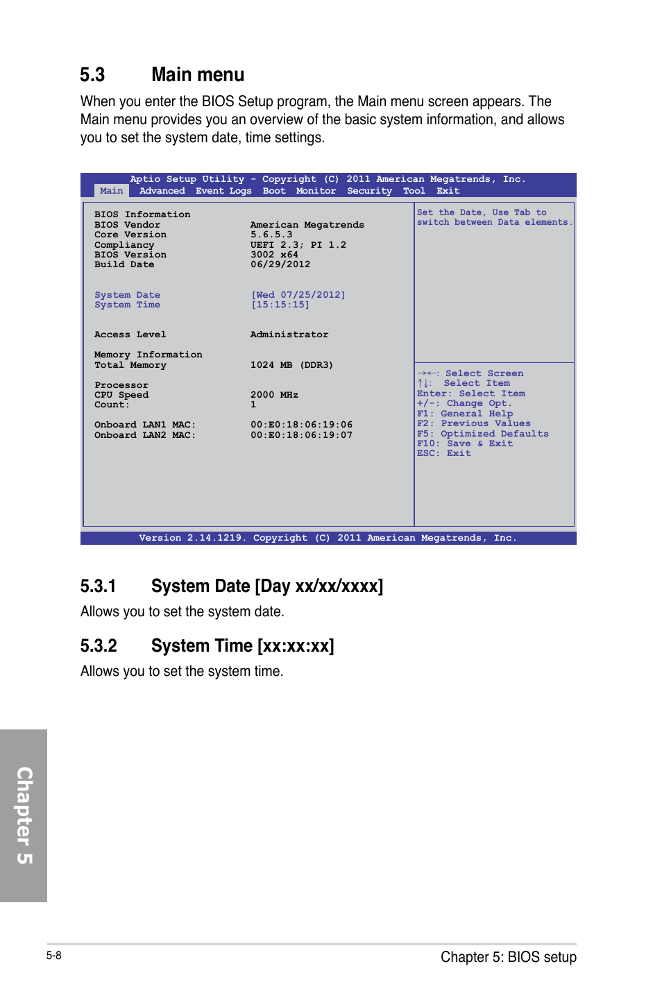 Chapter 5 5.3 main menu, 2 system time [xx:xx:xx, Chapter 5: bios setup | Allows you to set the system date, Allows you to set the system time | Asus TS700-X7/PS4 User Manual | Page 84 / 200