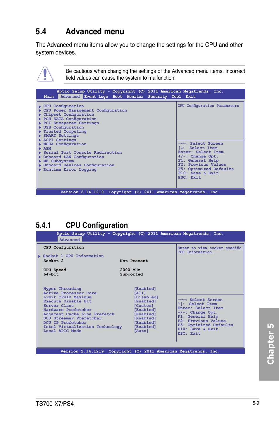 Chapter 5 5.4 advanced menu, 1 cpu configuration | Asus TS700-X7/PS4 User Manual | Page 85 / 200