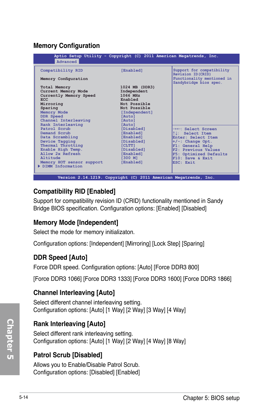 Chapter 5, Compatibility rid [enabled, Ddr speed [auto | Channel interleaving [auto, Rank interleaving [auto, Patrol scrub [disabled, Chapter 5: bios setup | Asus TS700-X7/PS4 User Manual | Page 90 / 200